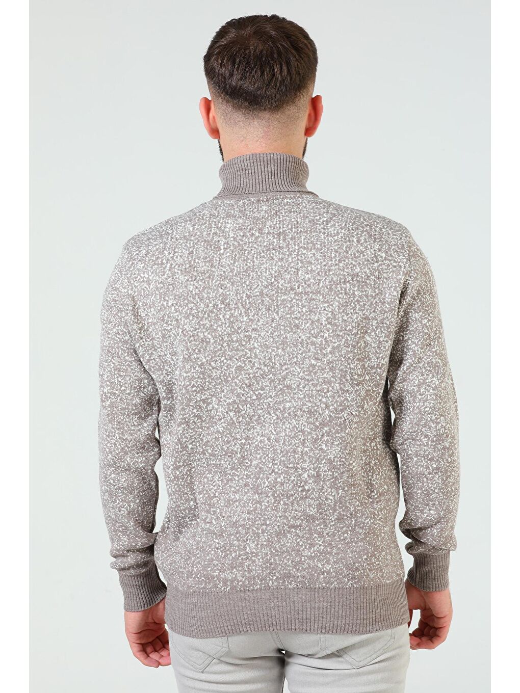 Bej Erkek Balıkçı Yaka Desenli Triko Kazak-7