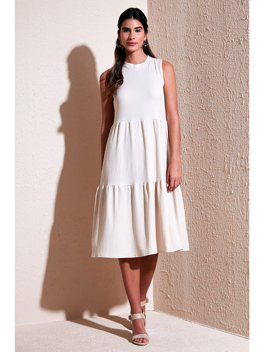 Bej Regular Fit Kolsuz Midi Elbise 5869008-2