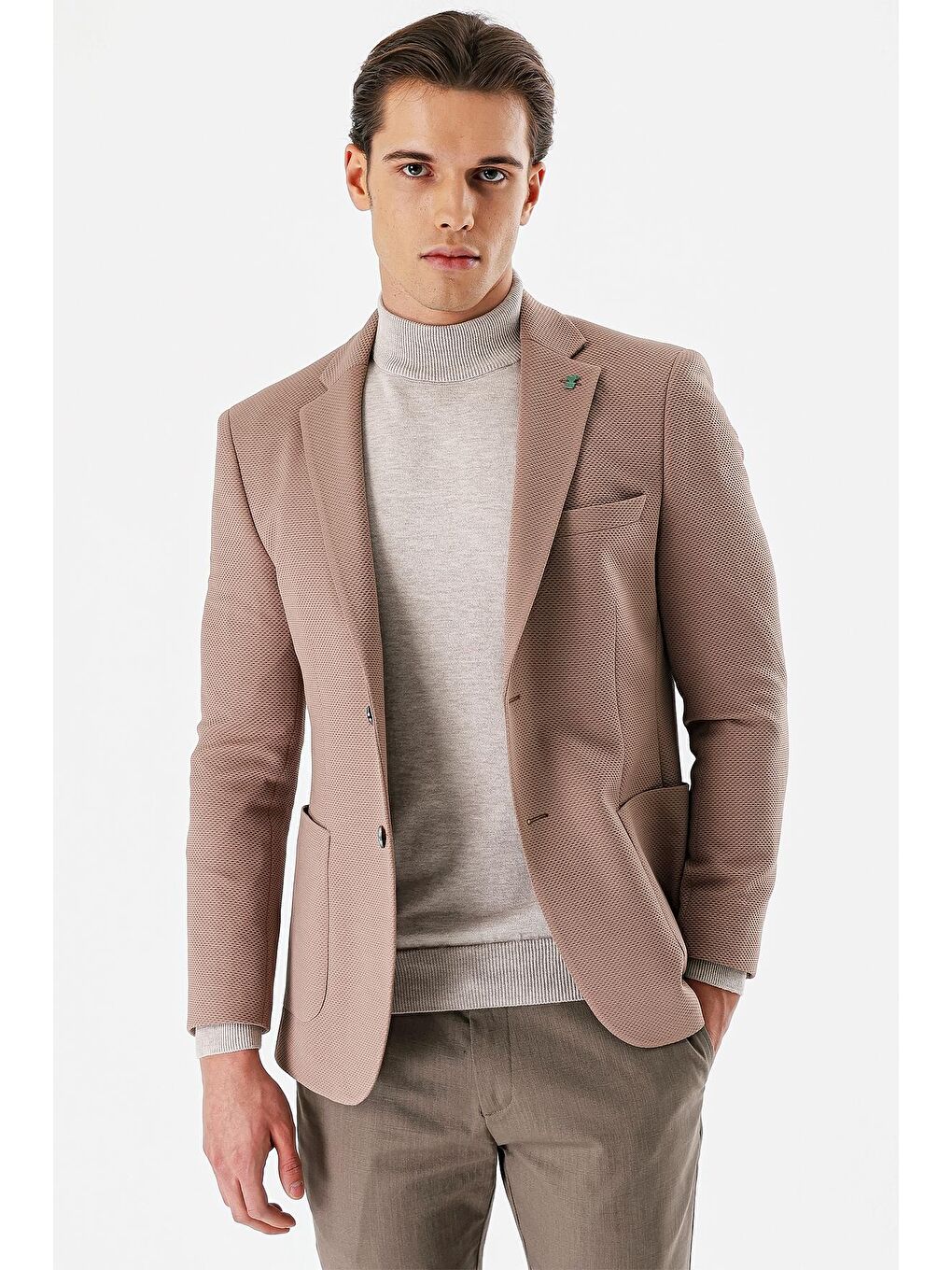 Bej Vizon Desenli Mono Yaka Astarlı Çift Yırtmaç 6 Drop Slim Fit Dar Kesim Klasik Ceket 1002240150-1