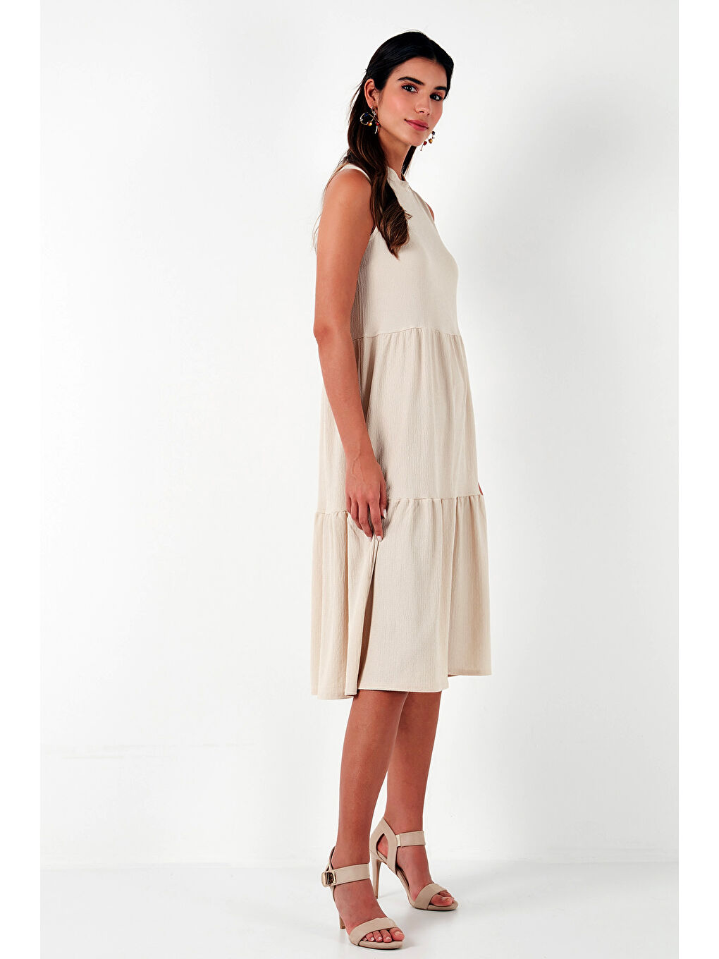 Bej Regular Fit Kolsuz Midi Elbise 5869008-4