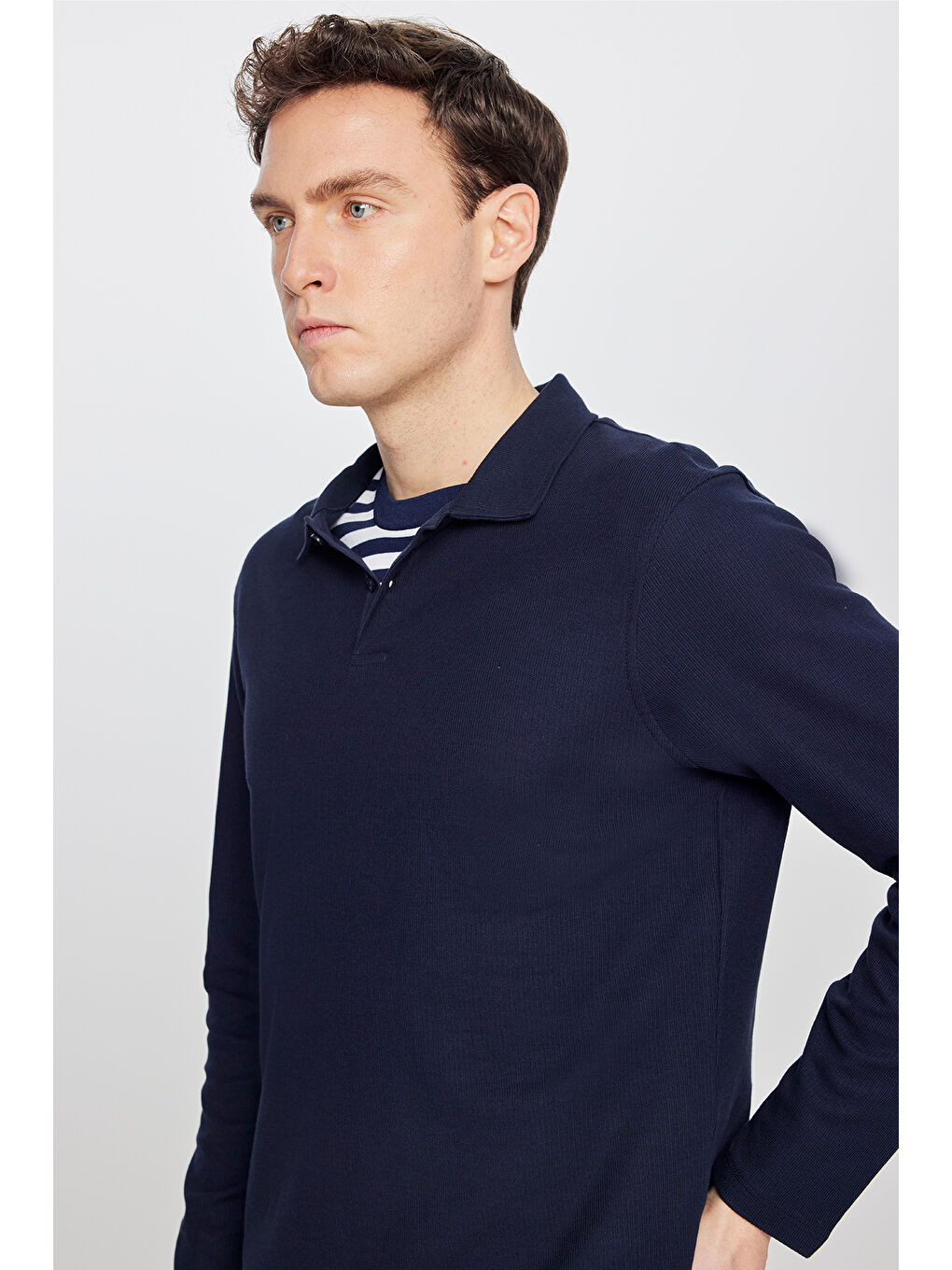 Erkek Lacivert %100 Pamuk Slim Fit Dar Kesim Polo Yaka Jakarlı Triko Tişört-1