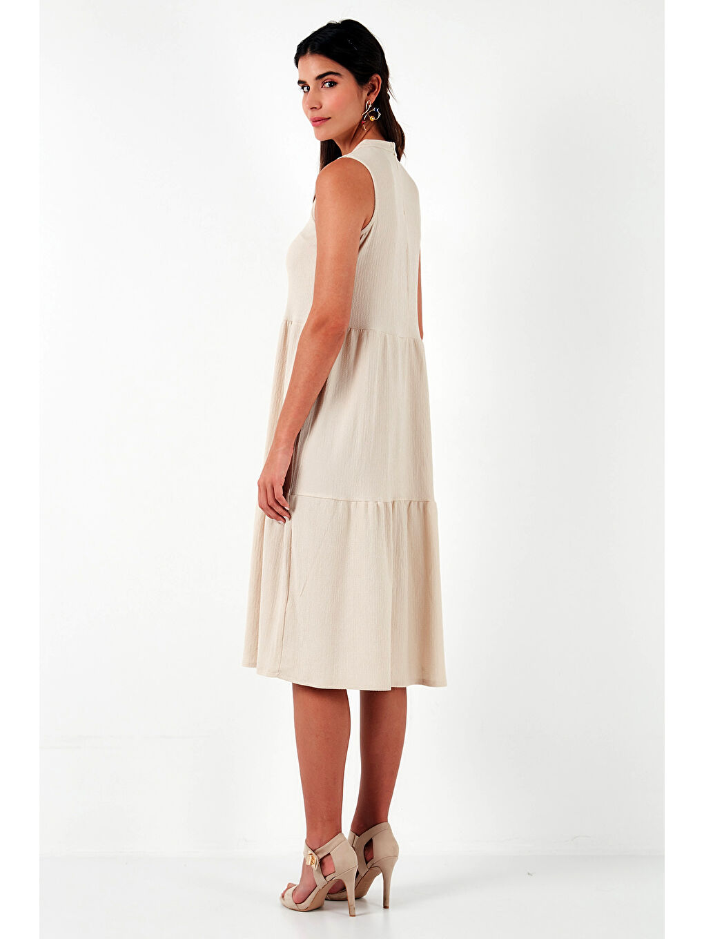 Bej Regular Fit Kolsuz Midi Elbise 5869008-5