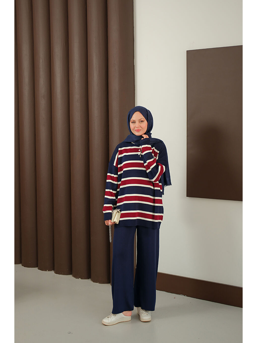 Kadın Çizgi Düğme Detay Takım Lacivert-1