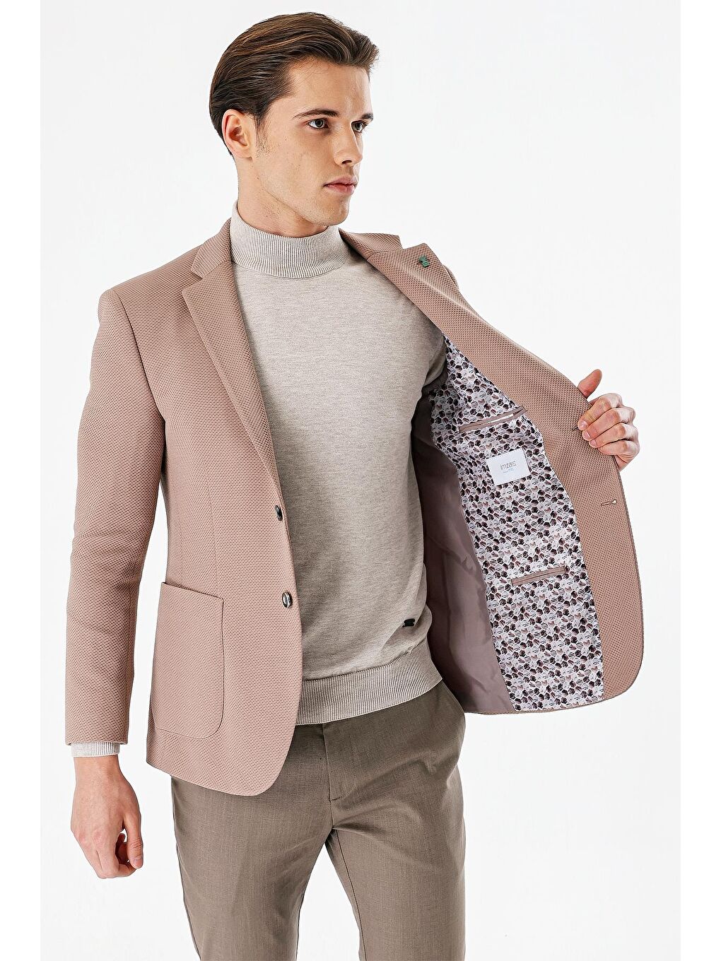 Bej Vizon Desenli Mono Yaka Astarlı Çift Yırtmaç 6 Drop Slim Fit Dar Kesim Klasik Ceket 1002240150-2