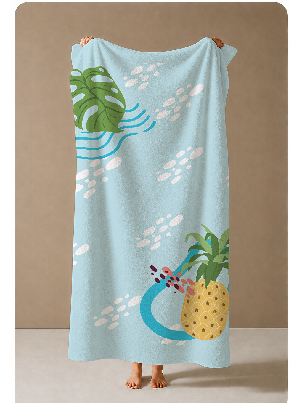Açık Mavi Ananas Ve Monstera Yaprak Desenli 70x150 Cm Dijital Baskılı Plaj Ve Banyo Havlusu-3