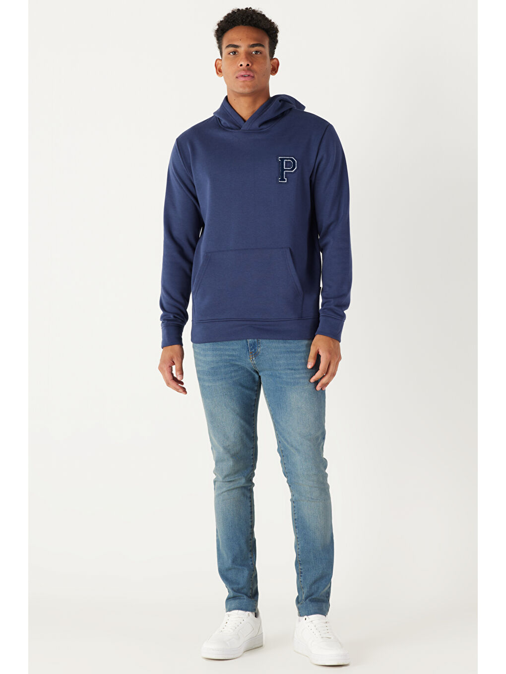 Erkek İndigo Standart Fit Normal Kesim İçi Şardonlu Kapüşonlu Sweatshirt-1