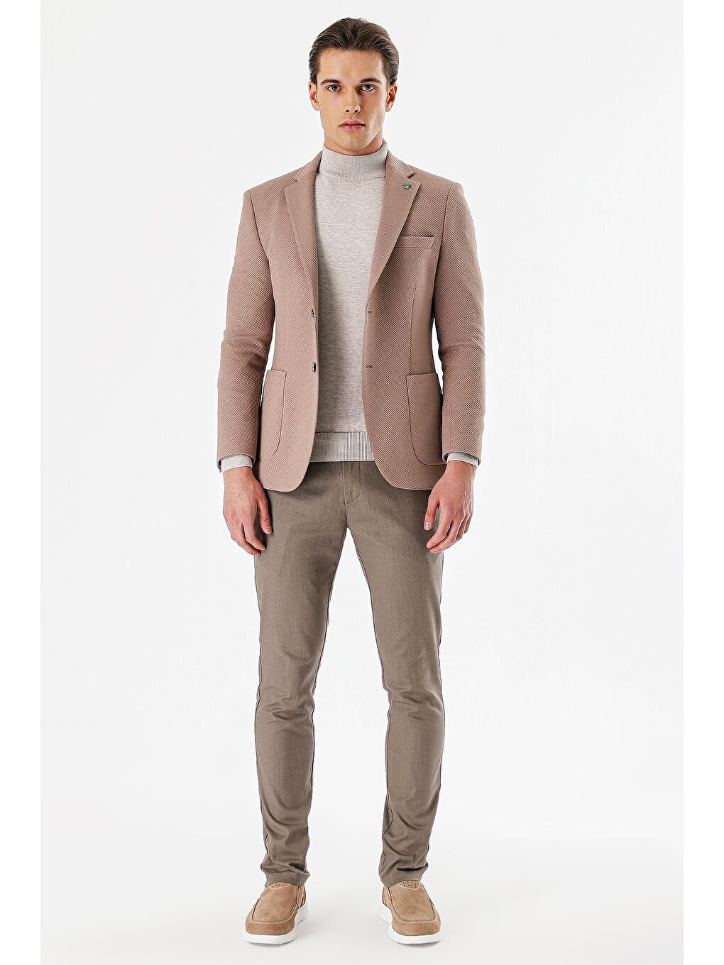 Bej Vizon Desenli Mono Yaka Astarlı Çift Yırtmaç 6 Drop Slim Fit Dar Kesim Klasik Ceket 1002240150-3