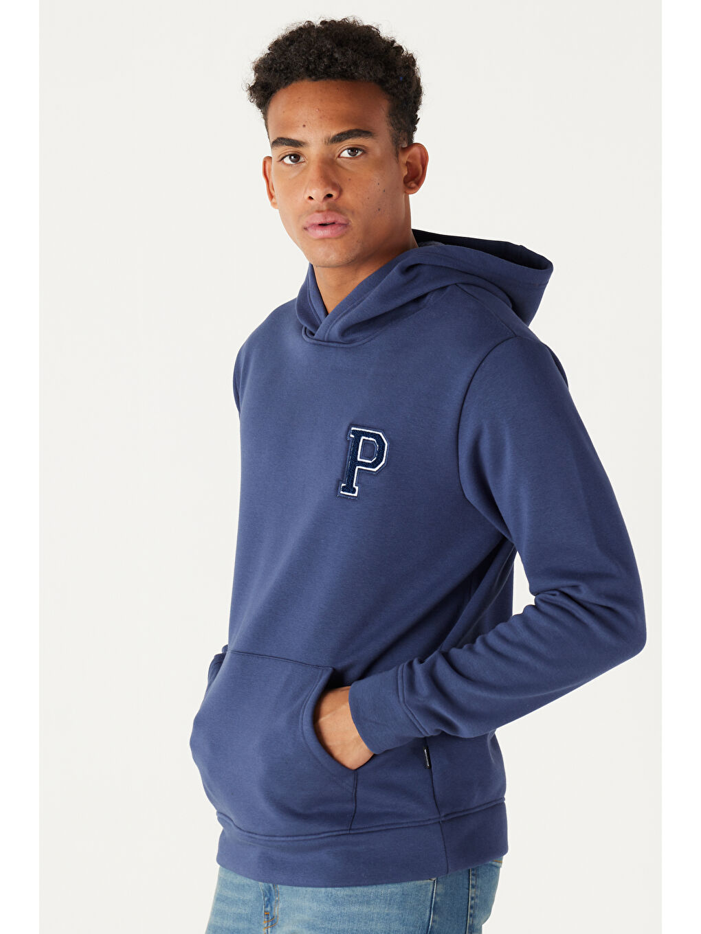Erkek İndigo Standart Fit Normal Kesim İçi Şardonlu Kapüşonlu Sweatshirt-2