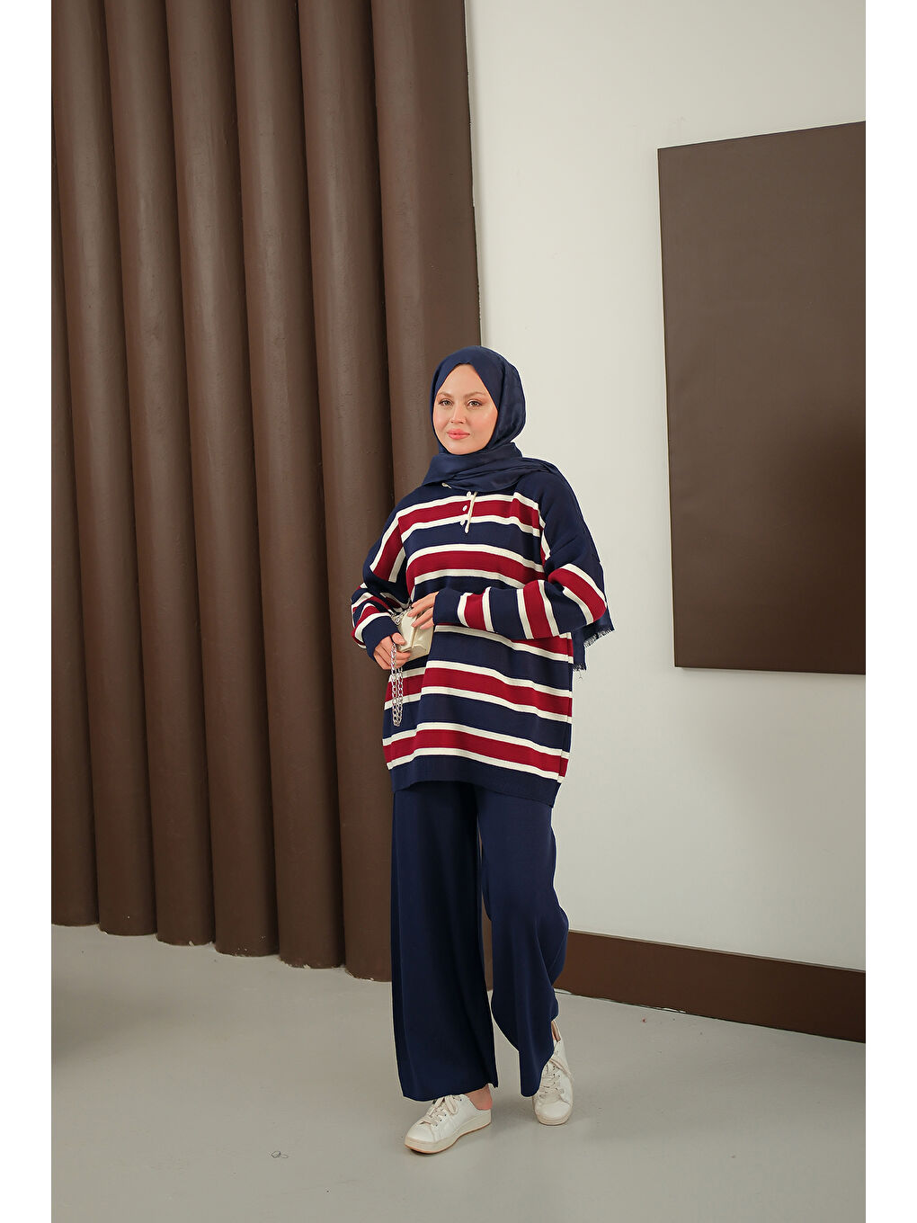 Kadın Çizgi Düğme Detay Takım Lacivert-2