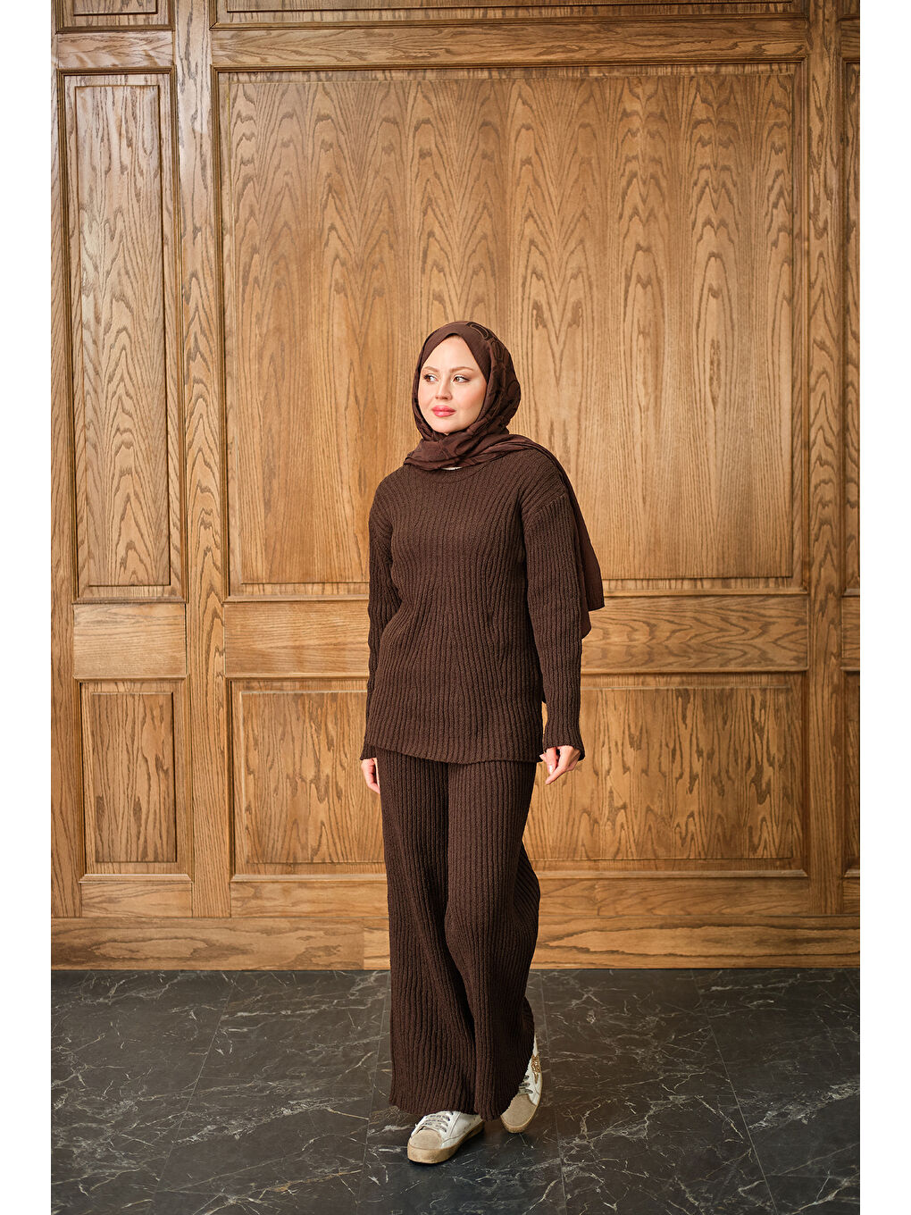 Kadın Bisiklet Yaka Triko Takım Kahverengi