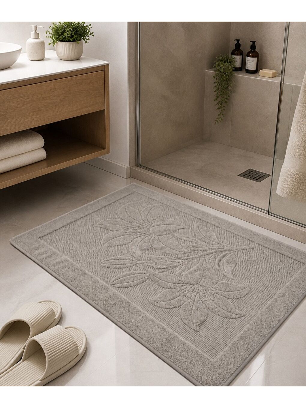 Bej %100 Pamuk Desenli Banyo Paspası 60x92 cm