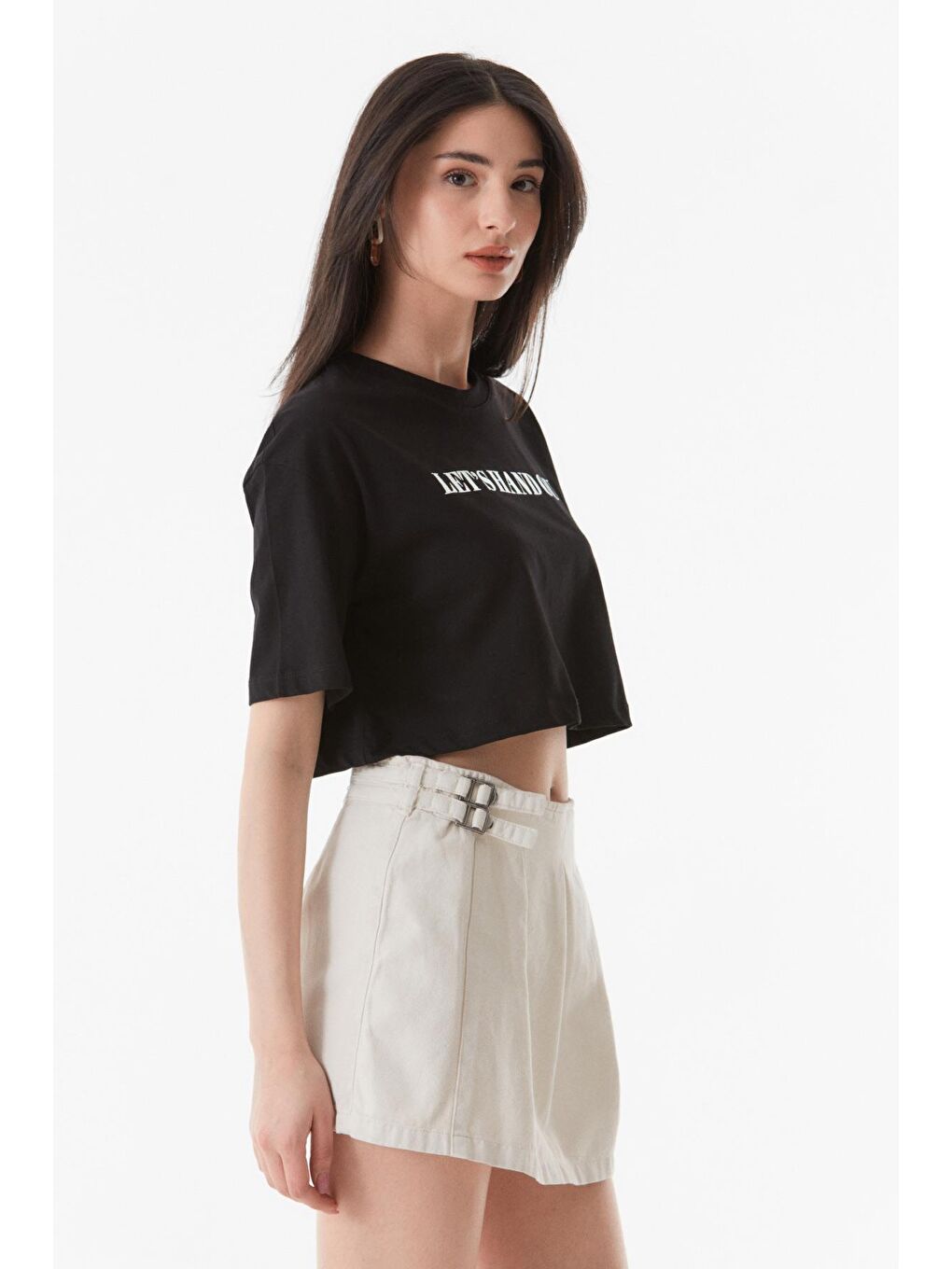 Siyah Yazı Baskılı Oversize Crop Tişört-1