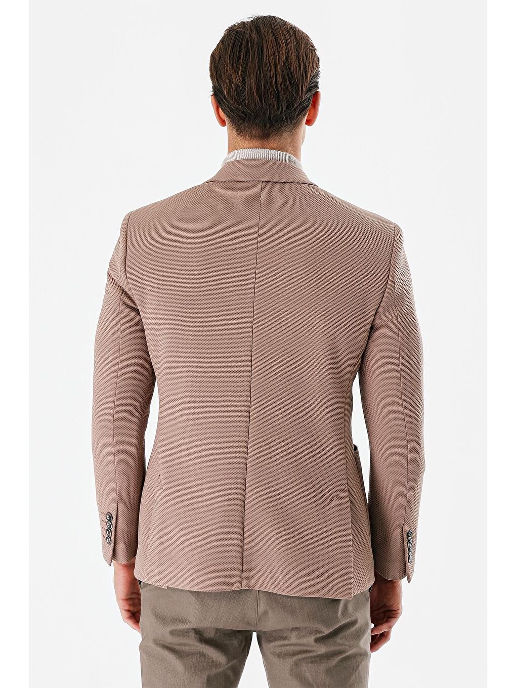 Bej Vizon Desenli Mono Yaka Astarlı Çift Yırtmaç 6 Drop Slim Fit Dar Kesim Klasik Ceket 1002240150-5