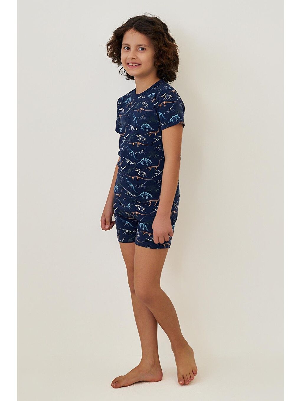 Lacivert Erkek Çocuk Dinozor Desenli Şortlu Pijama Takımı-1