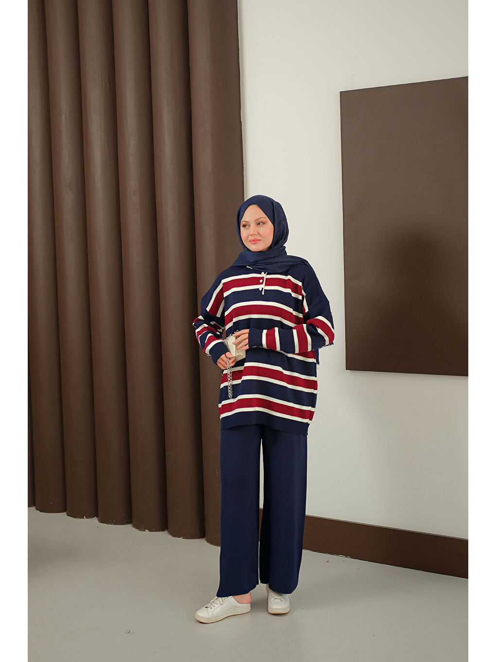 Kadın Çizgi Düğme Detay Takım Lacivert-3