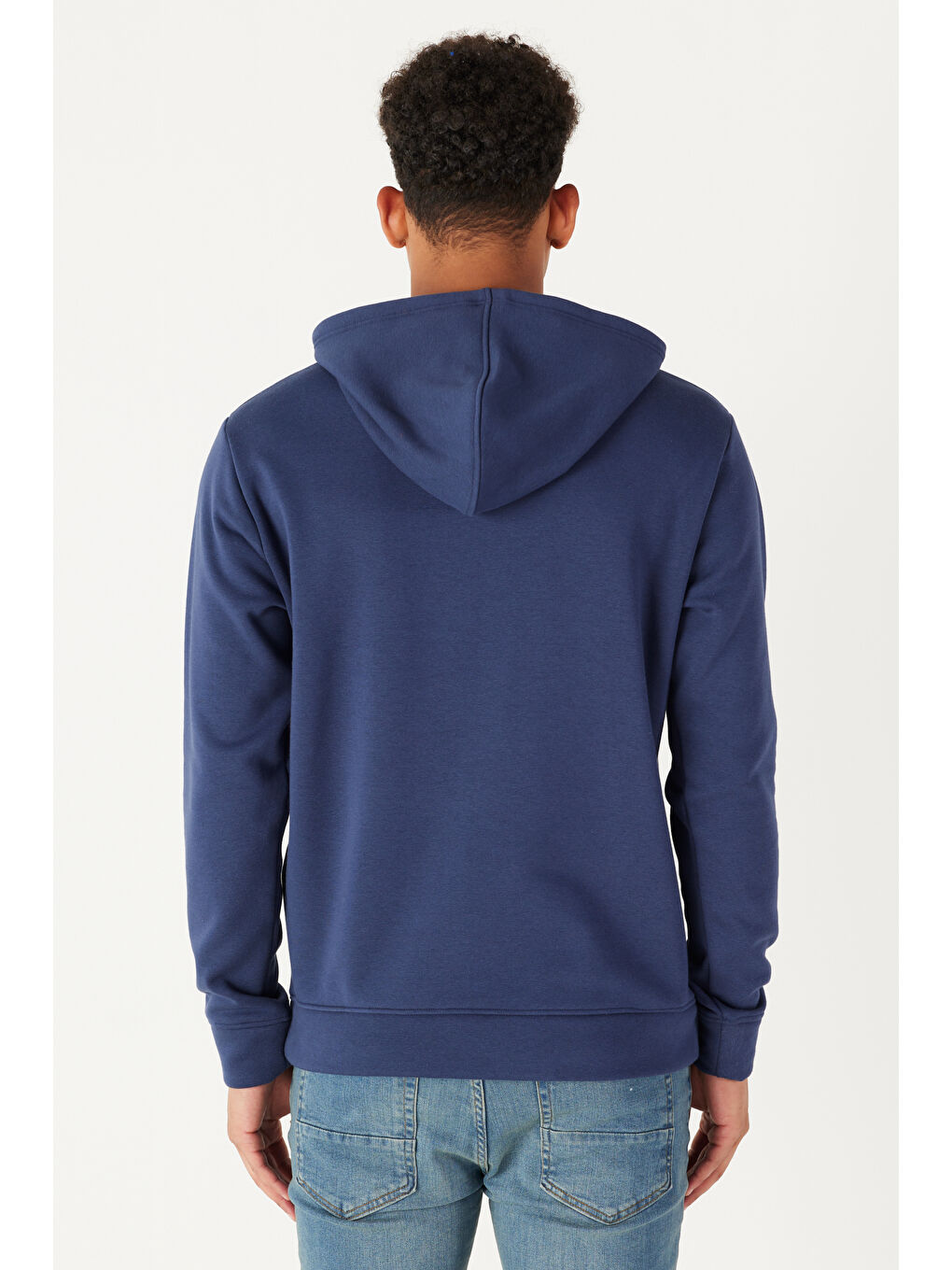 Erkek İndigo Standart Fit Normal Kesim İçi Şardonlu Kapüşonlu Sweatshirt-4
