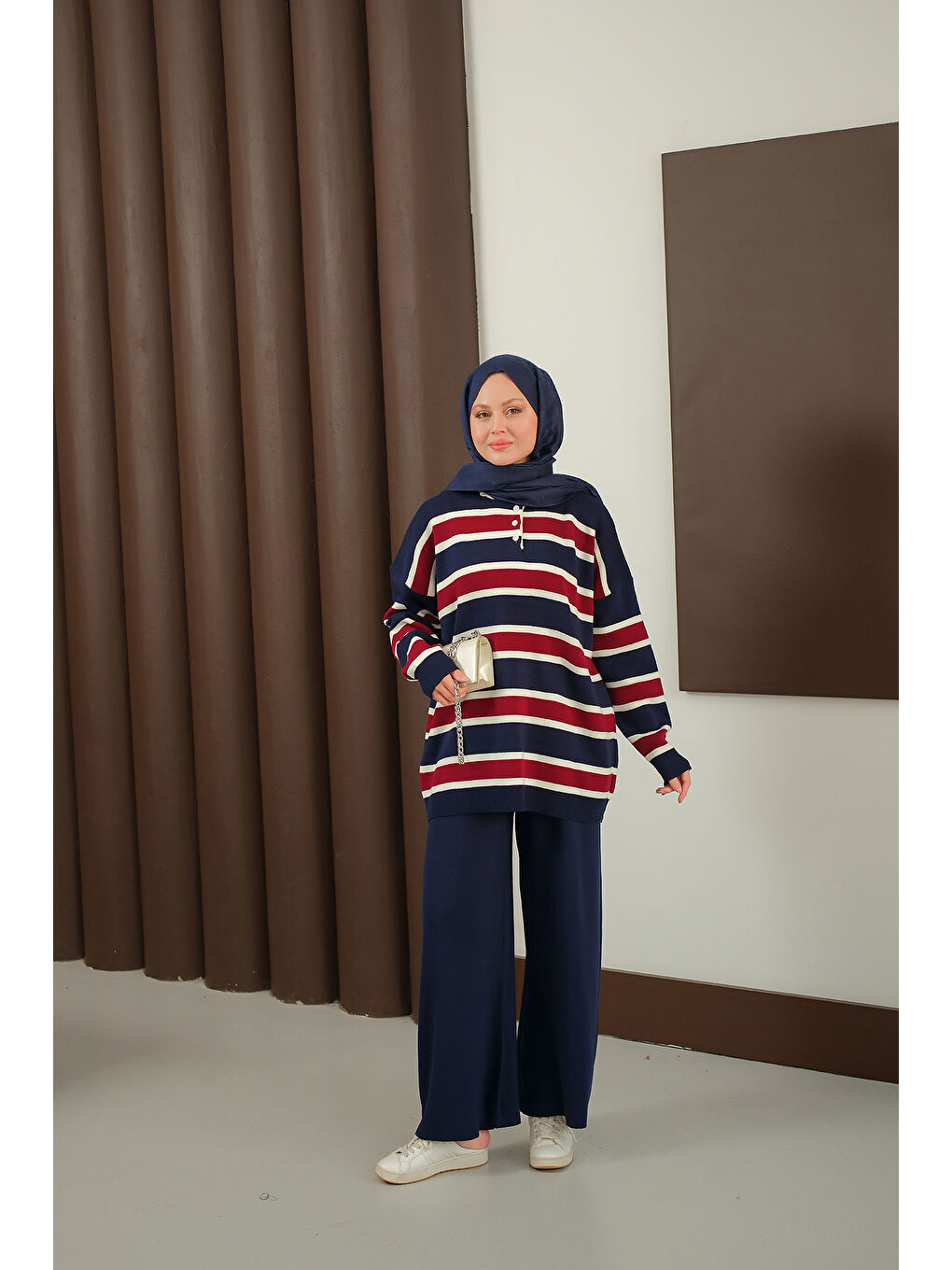 Kadın Çizgi Düğme Detay Takım Lacivert-4