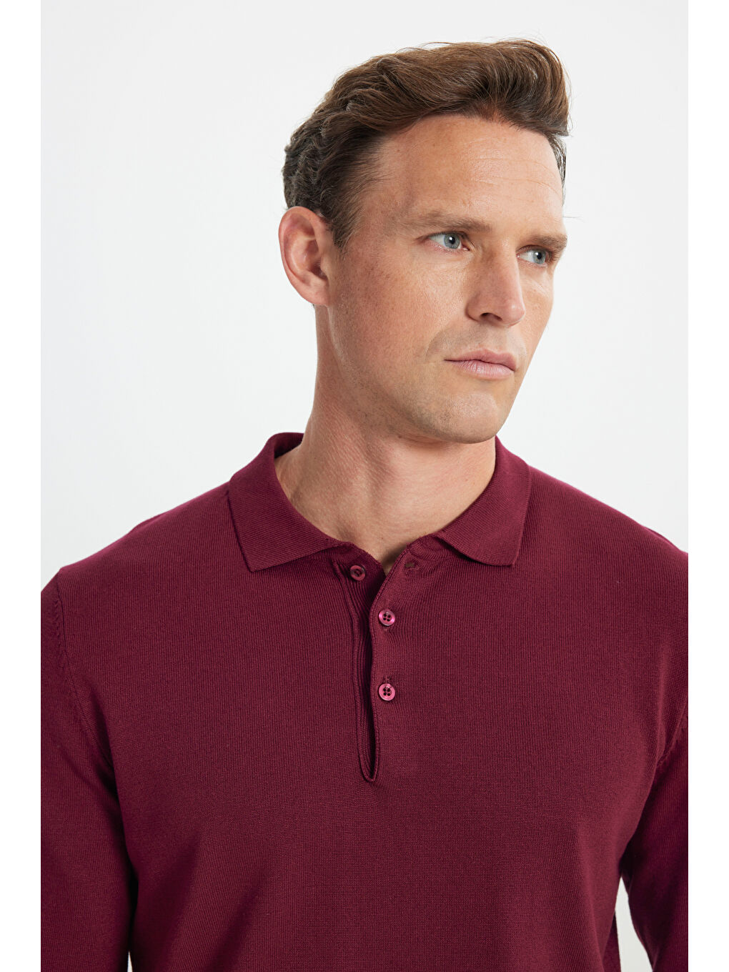 Erkek Bordo Standart Fit Normal Kesim Polo Yaka Triko Kazak-4