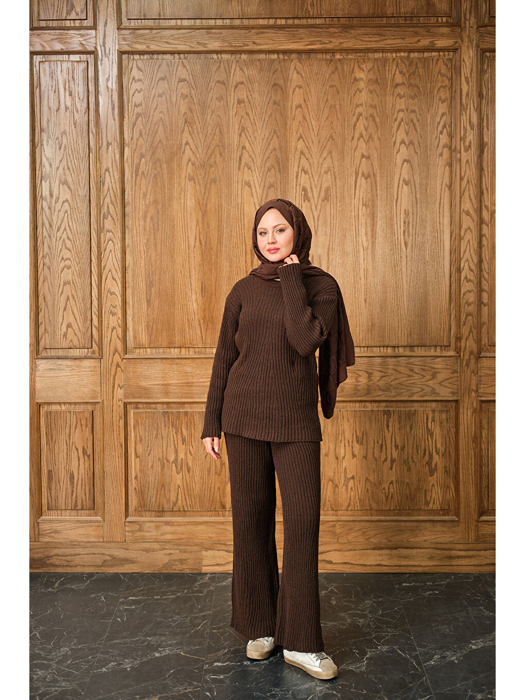 Kadın Bisiklet Yaka Triko Takım Kahverengi-1