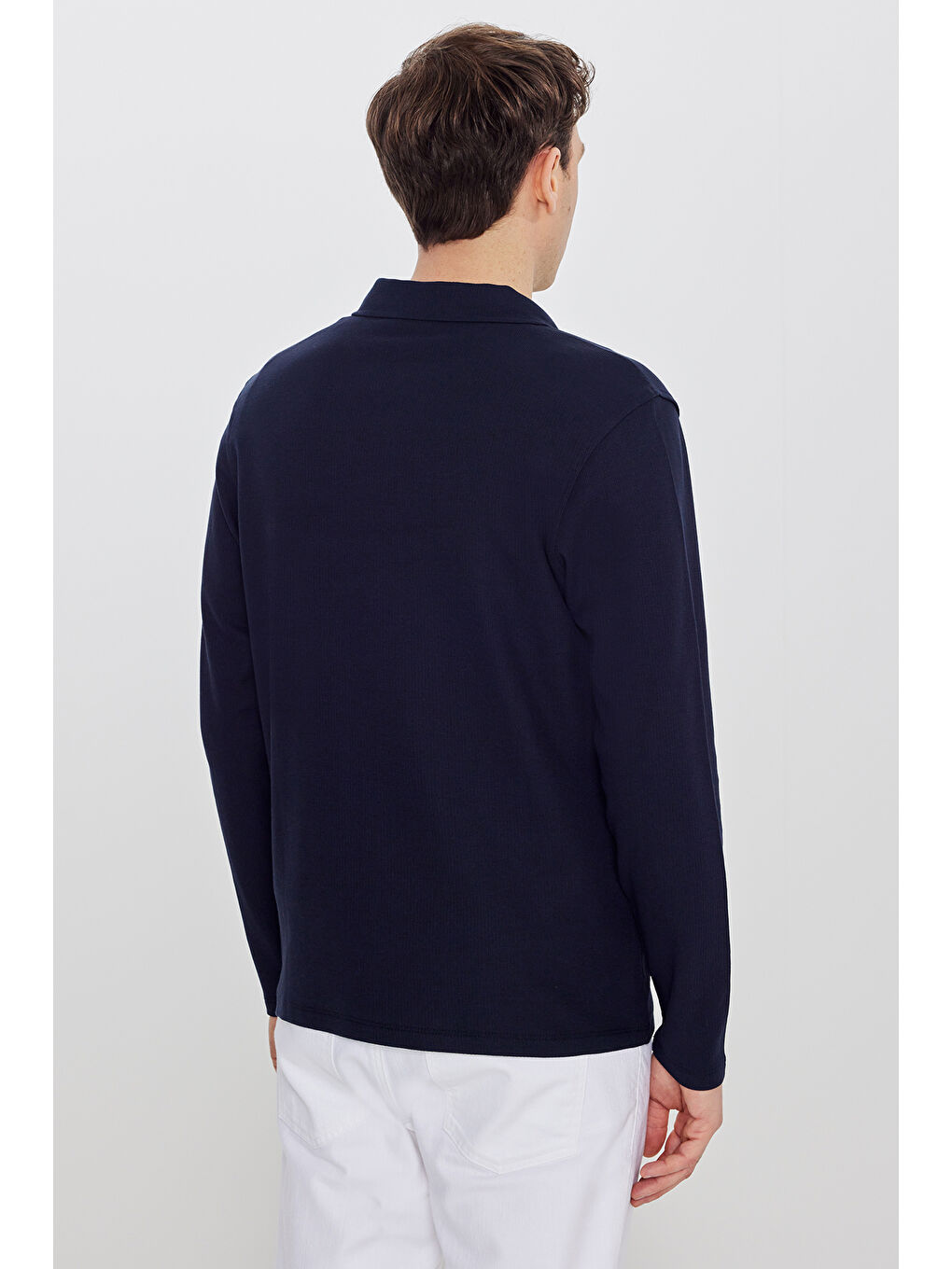 Erkek Lacivert %100 Pamuk Slim Fit Dar Kesim Polo Yaka Jakarlı Triko Tişört-2