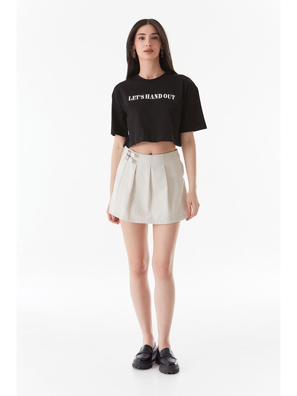 Siyah Yazı Baskılı Oversize Crop Tişört-2