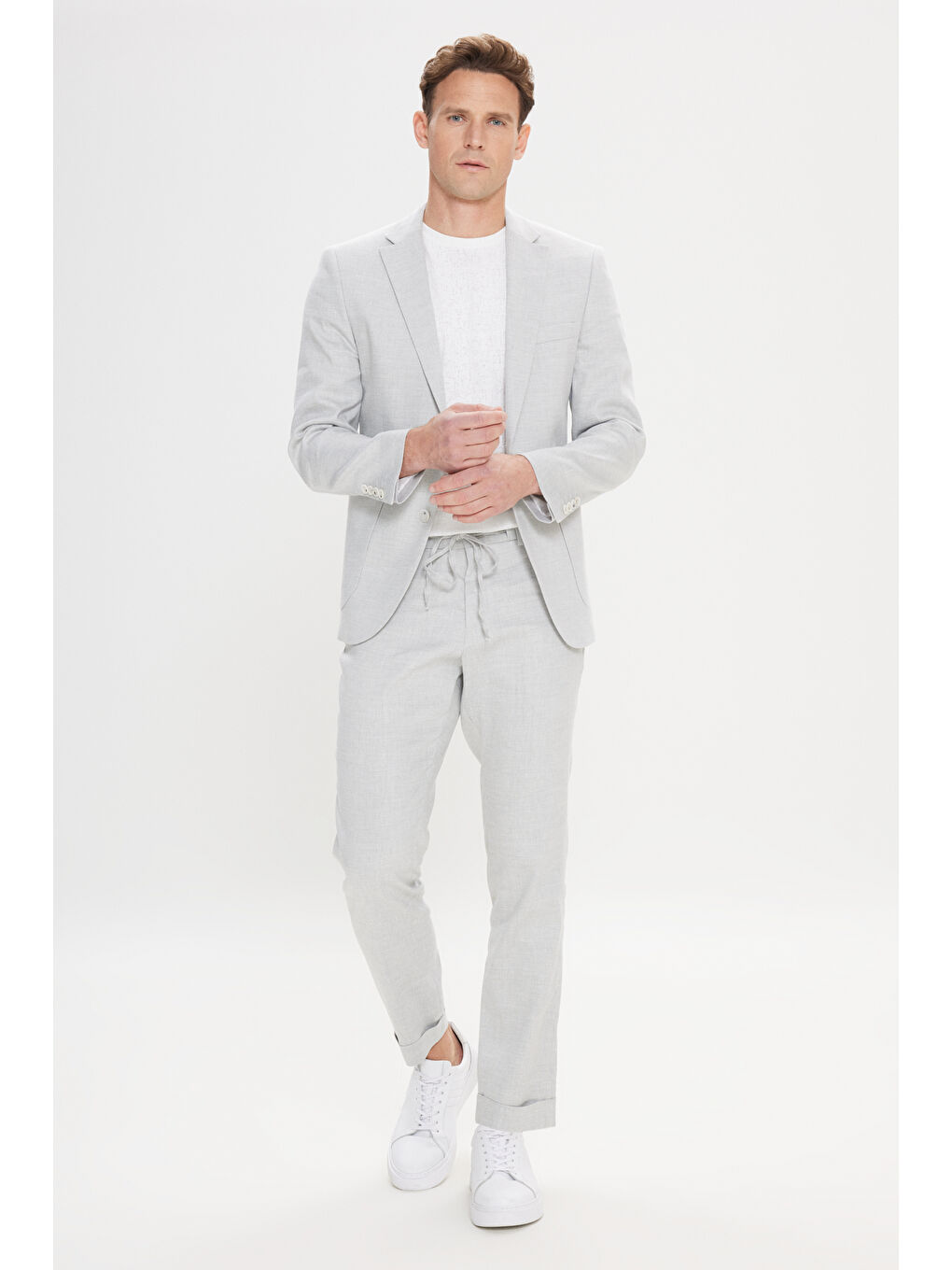 Erkek Açık Gri Slim Fit Dar Kesim Mono Yaka Desenli Keten Takım Elbise-1