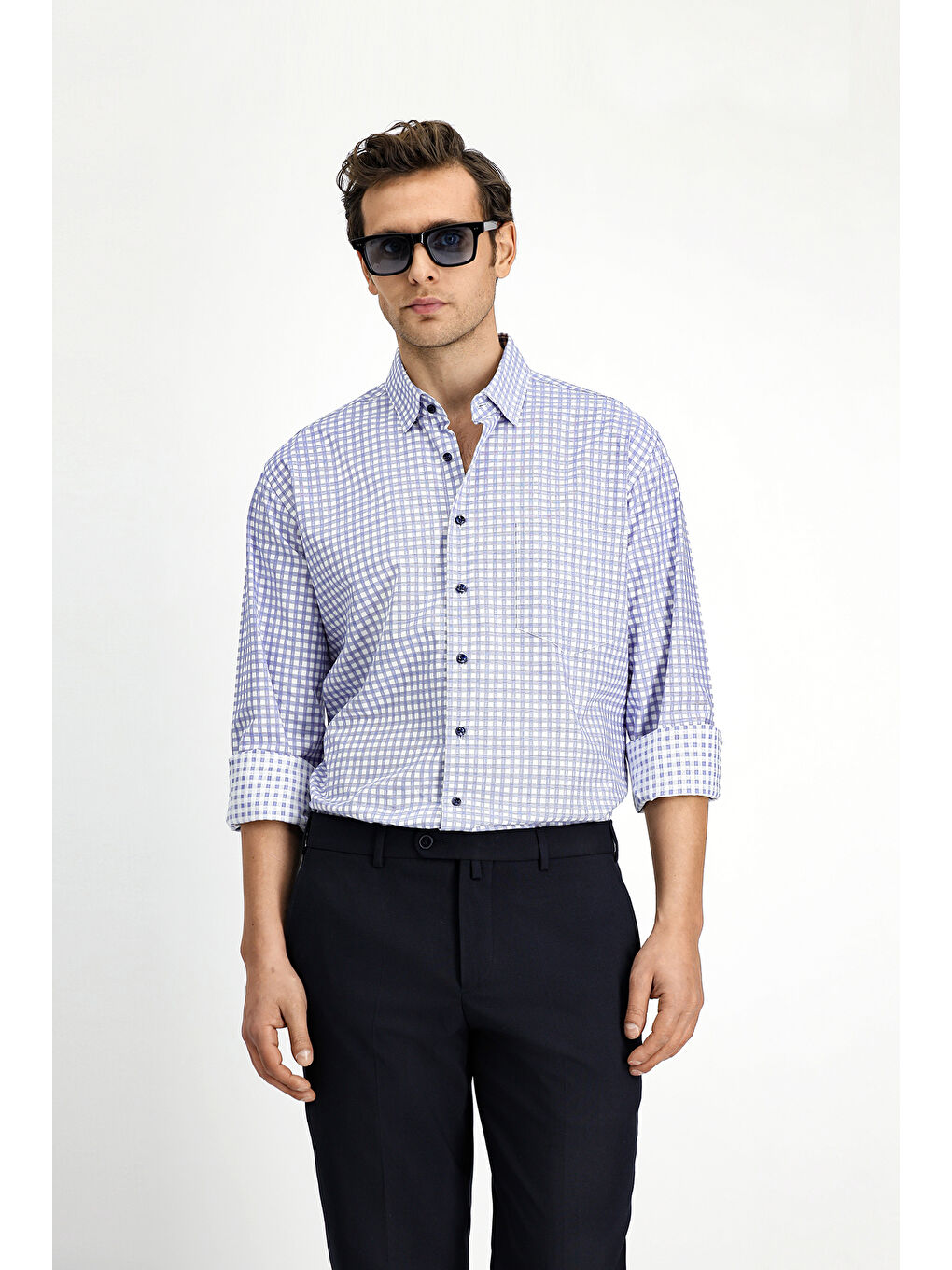 Lacivert Uzun Kol Regular Fit Pamuk Ekose Gömlek