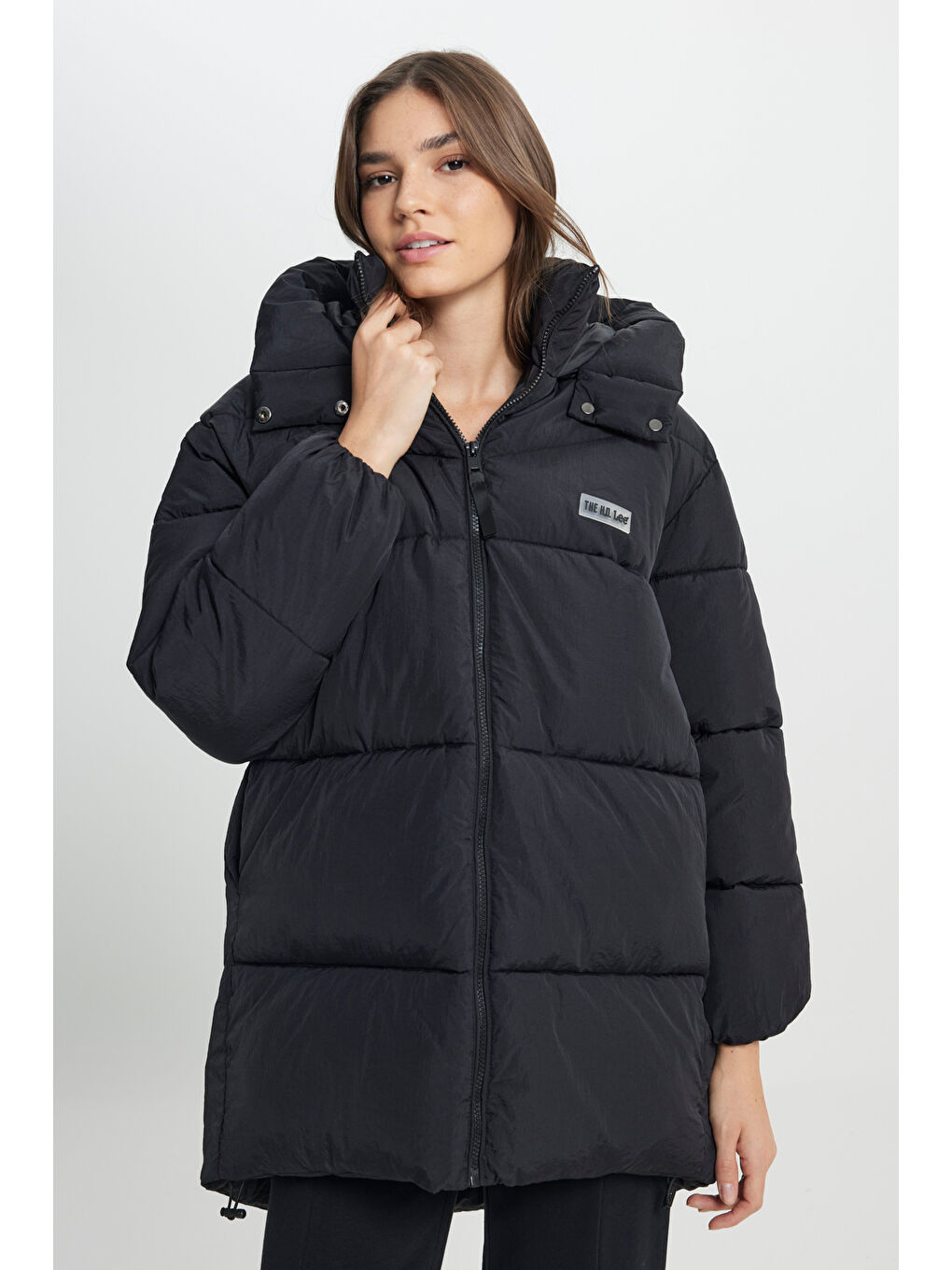 Loose Fit Rahat Kesim Kapüşonlu Uzun Siyah Şişme Mont-3