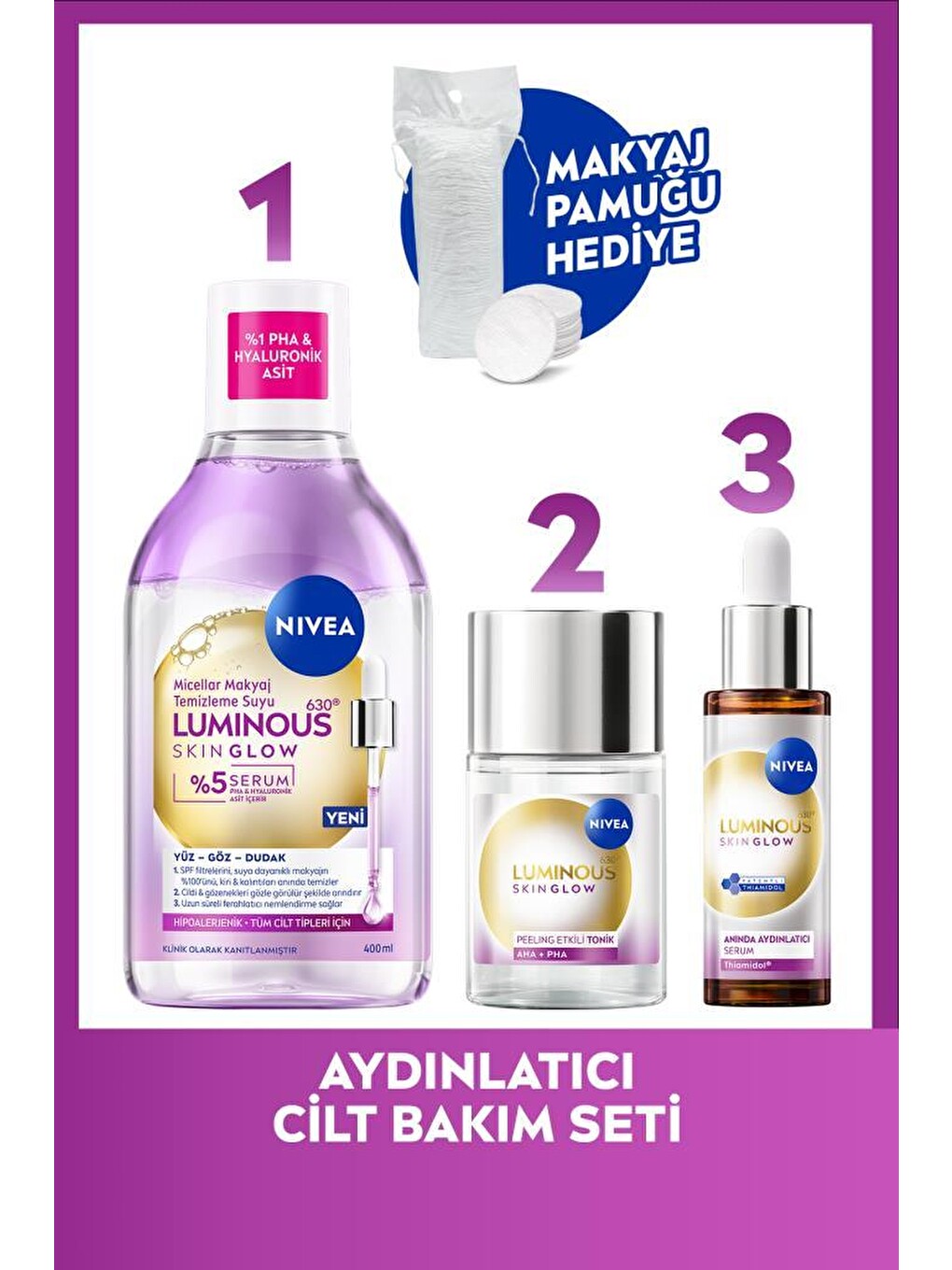 Skin Glow Aydınlatıcı Bakım Rutini, Makyaj Temizleme Suyu 400ml, Serum Ve Tonik 100ml, Pamuk Hediye