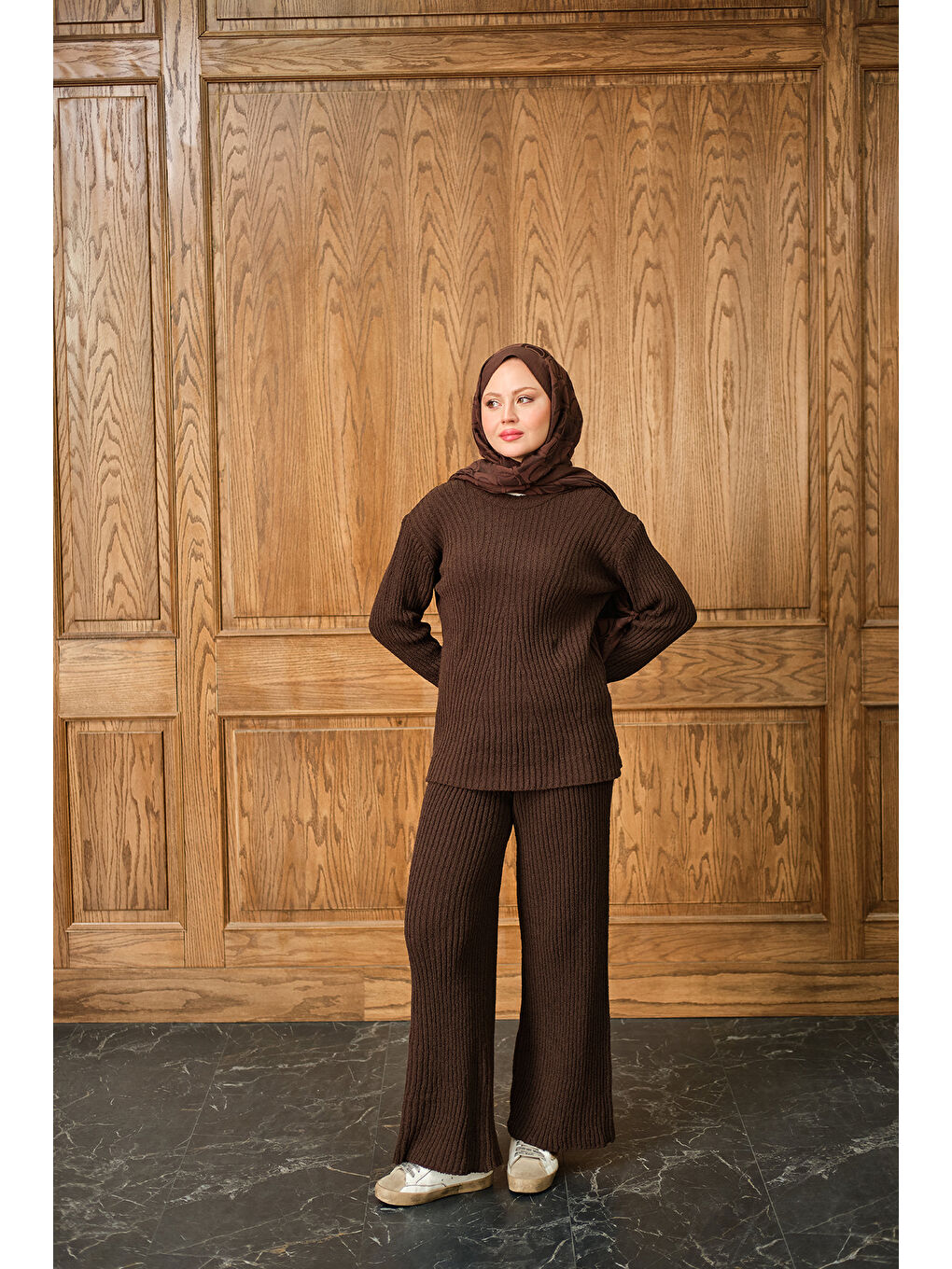 Kadın Bisiklet Yaka Triko Takım Kahverengi-2