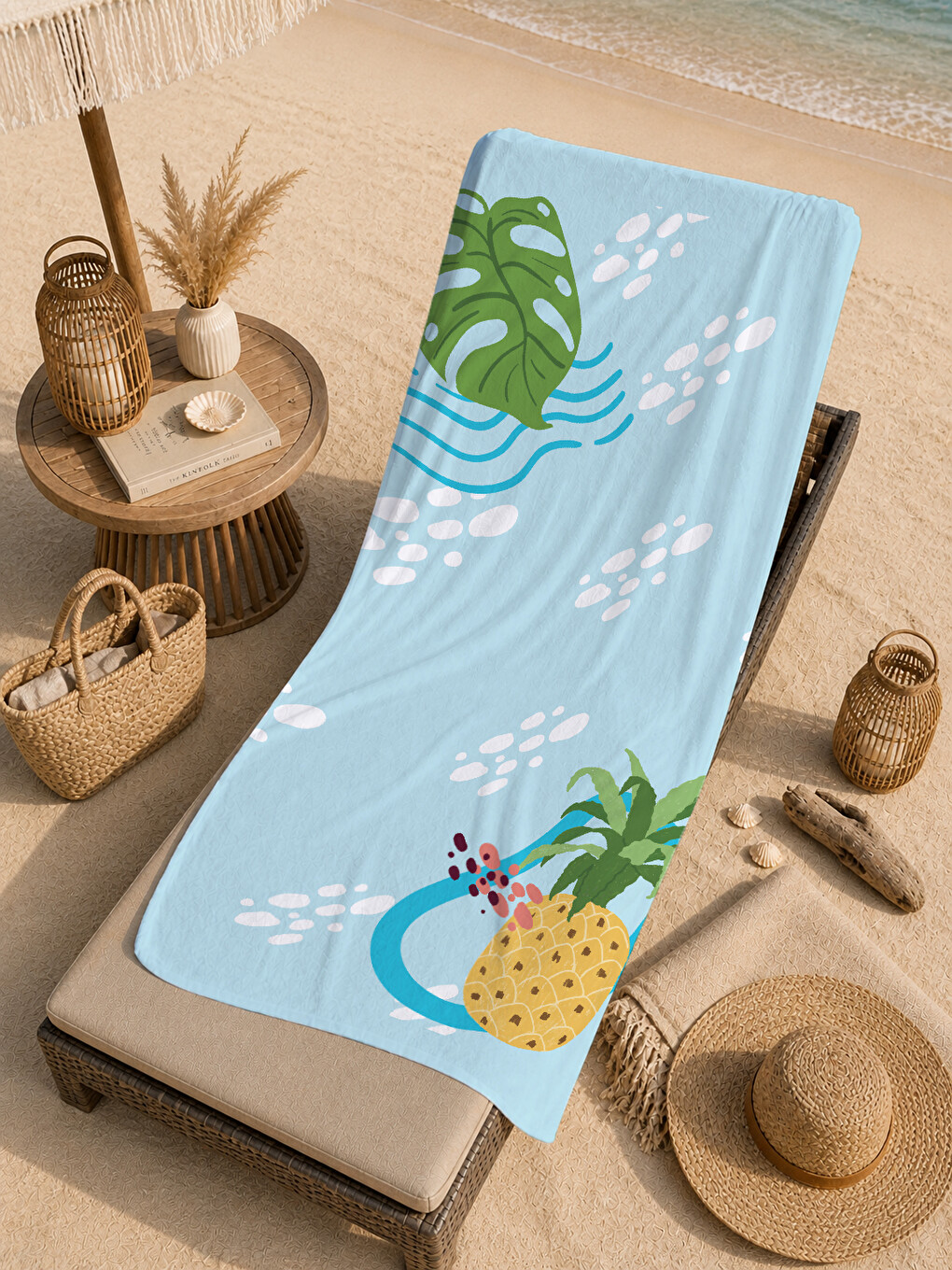 Açık Mavi Ananas Ve Monstera Yaprak Desenli 70x150 Cm Dijital Baskılı Plaj Ve Banyo Havlusu-4