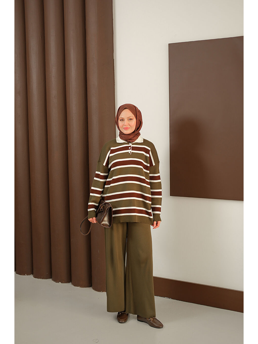 Kadın Çizgi Düğme Detay Takım Haki Yeşil-1