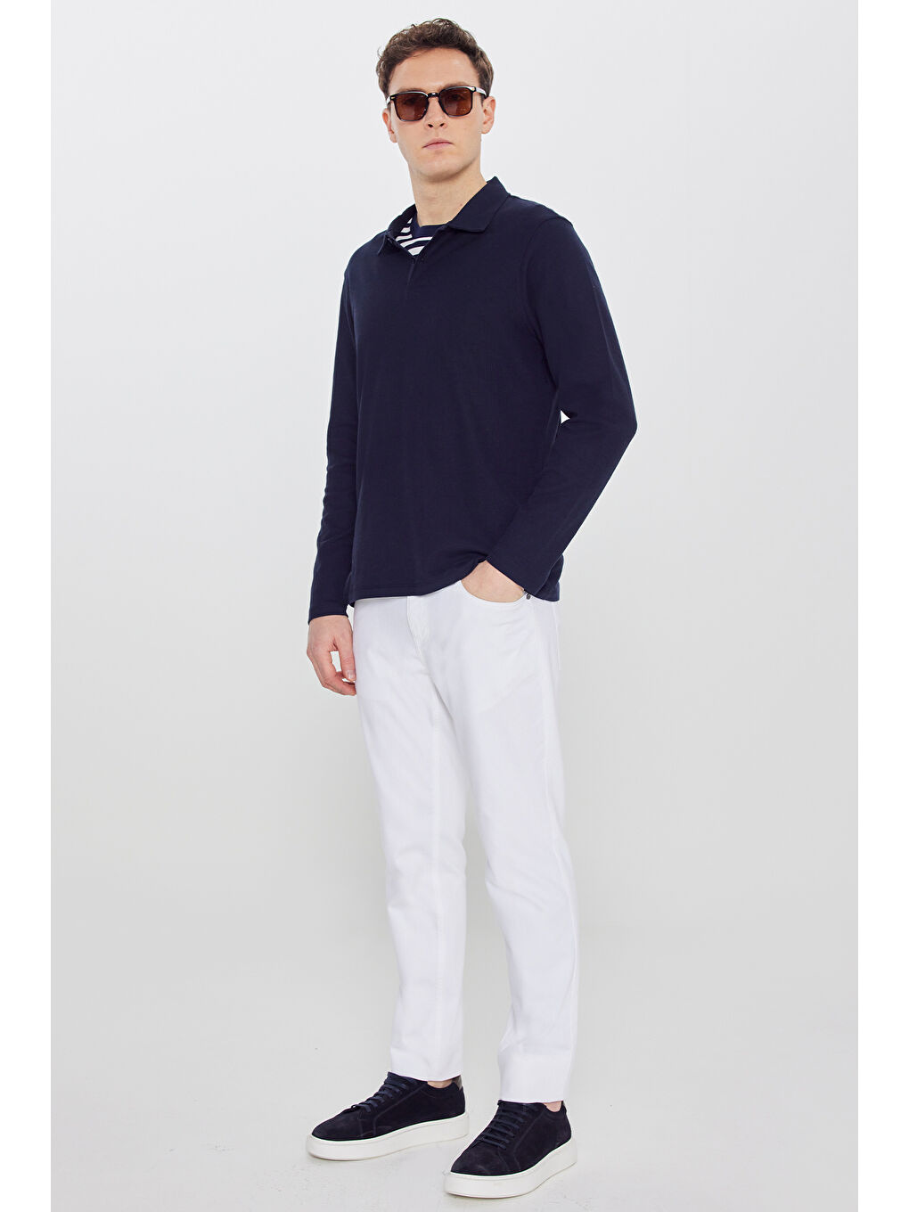 Erkek Lacivert %100 Pamuk Slim Fit Dar Kesim Polo Yaka Jakarlı Triko Tişört-3