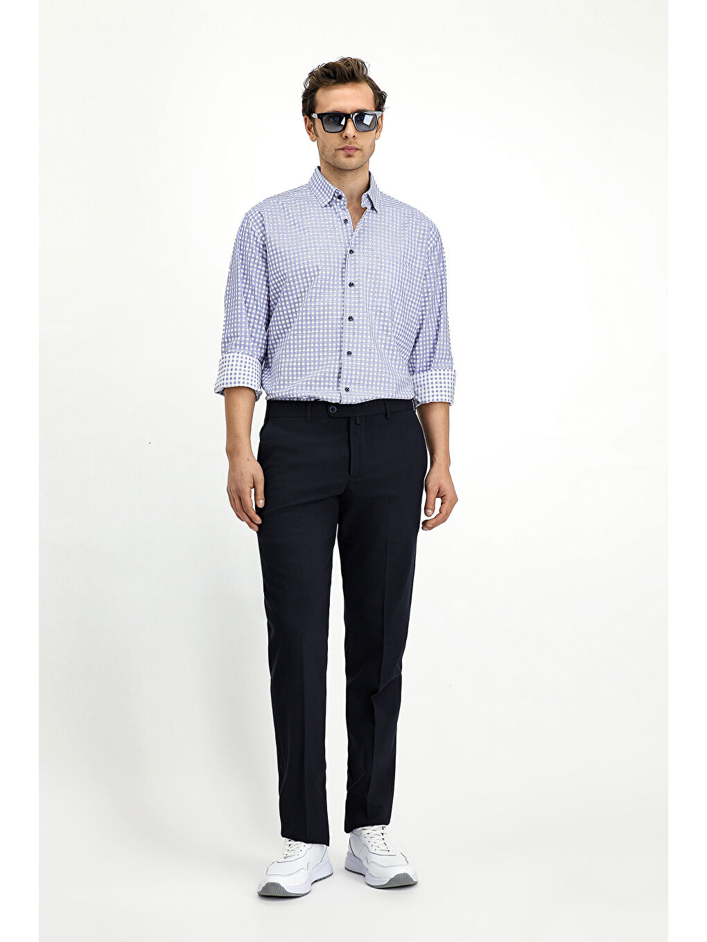 Lacivert Uzun Kol Regular Fit Pamuk Ekose Gömlek-1