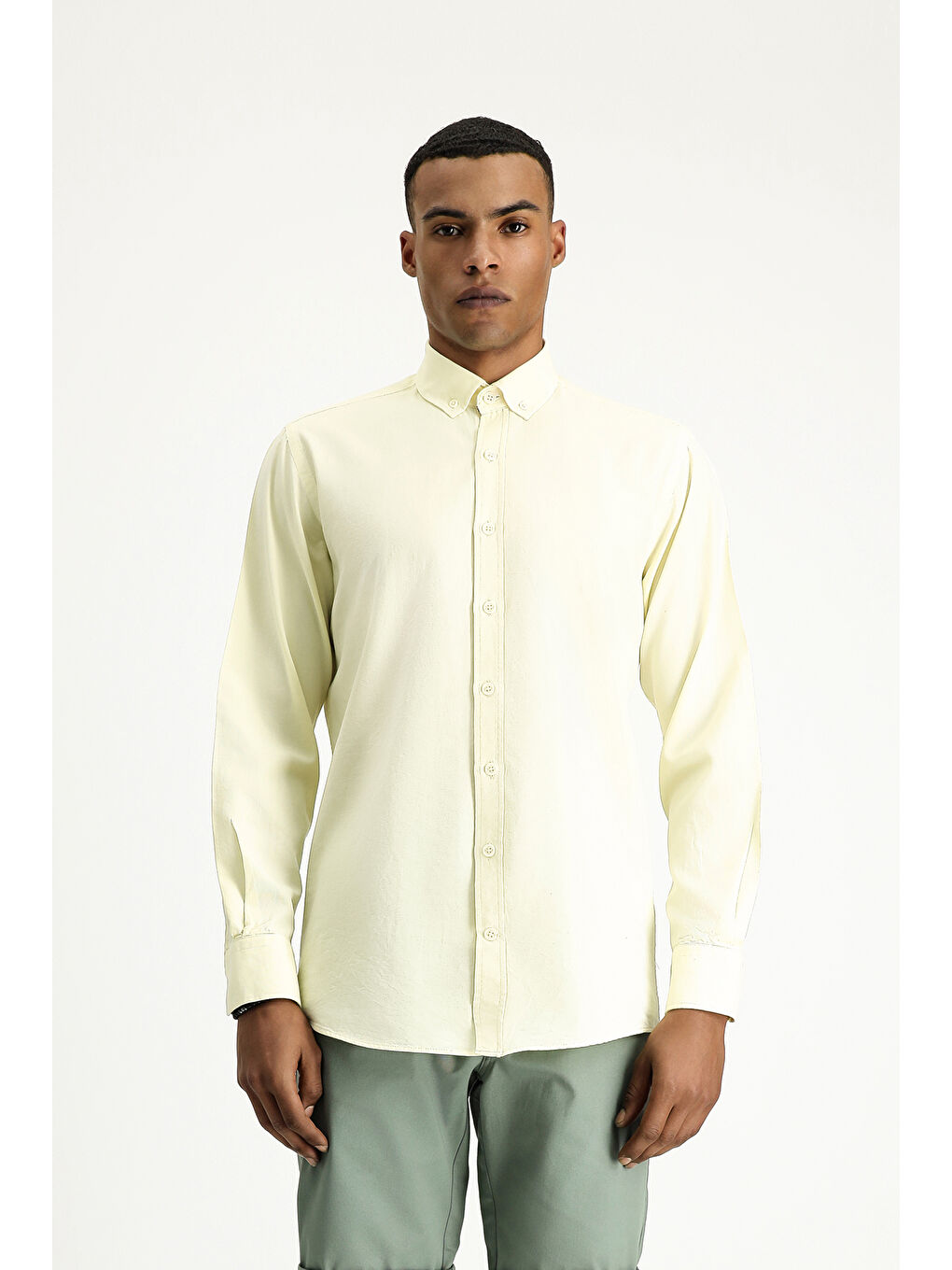 Sarı Uzun Kol Regular Fit Oxford Pamuk %100 Pamuk Gömlek-3