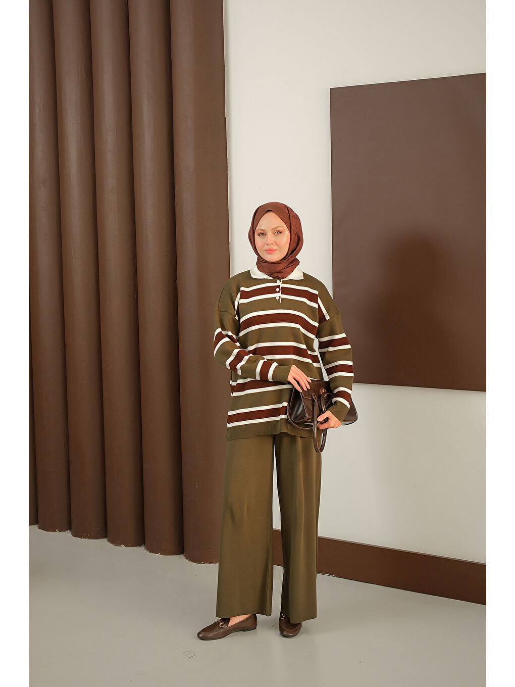 Kadın Çizgi Düğme Detay Takım Haki Yeşil-2