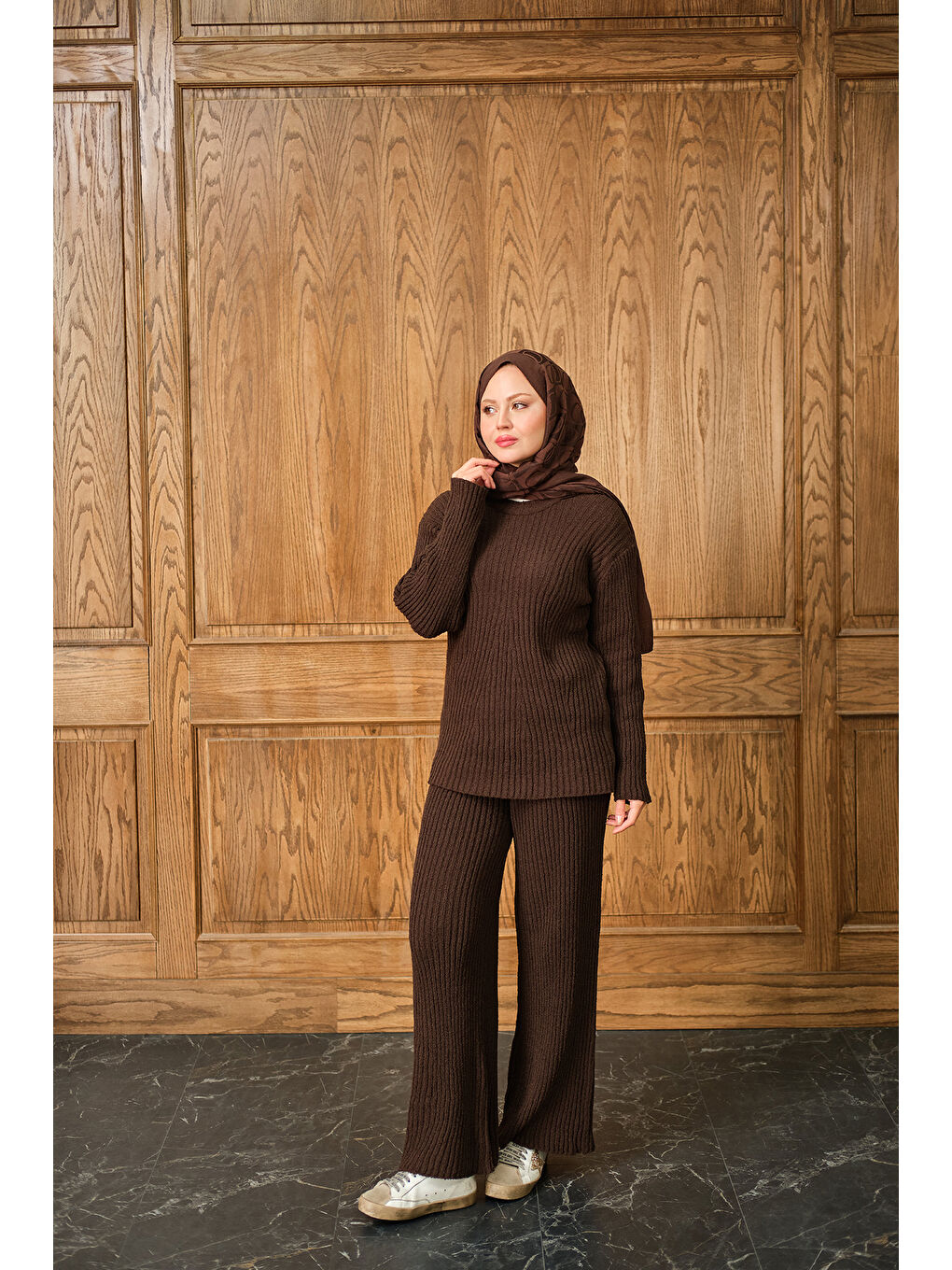 Kadın Bisiklet Yaka Triko Takım Kahverengi-3