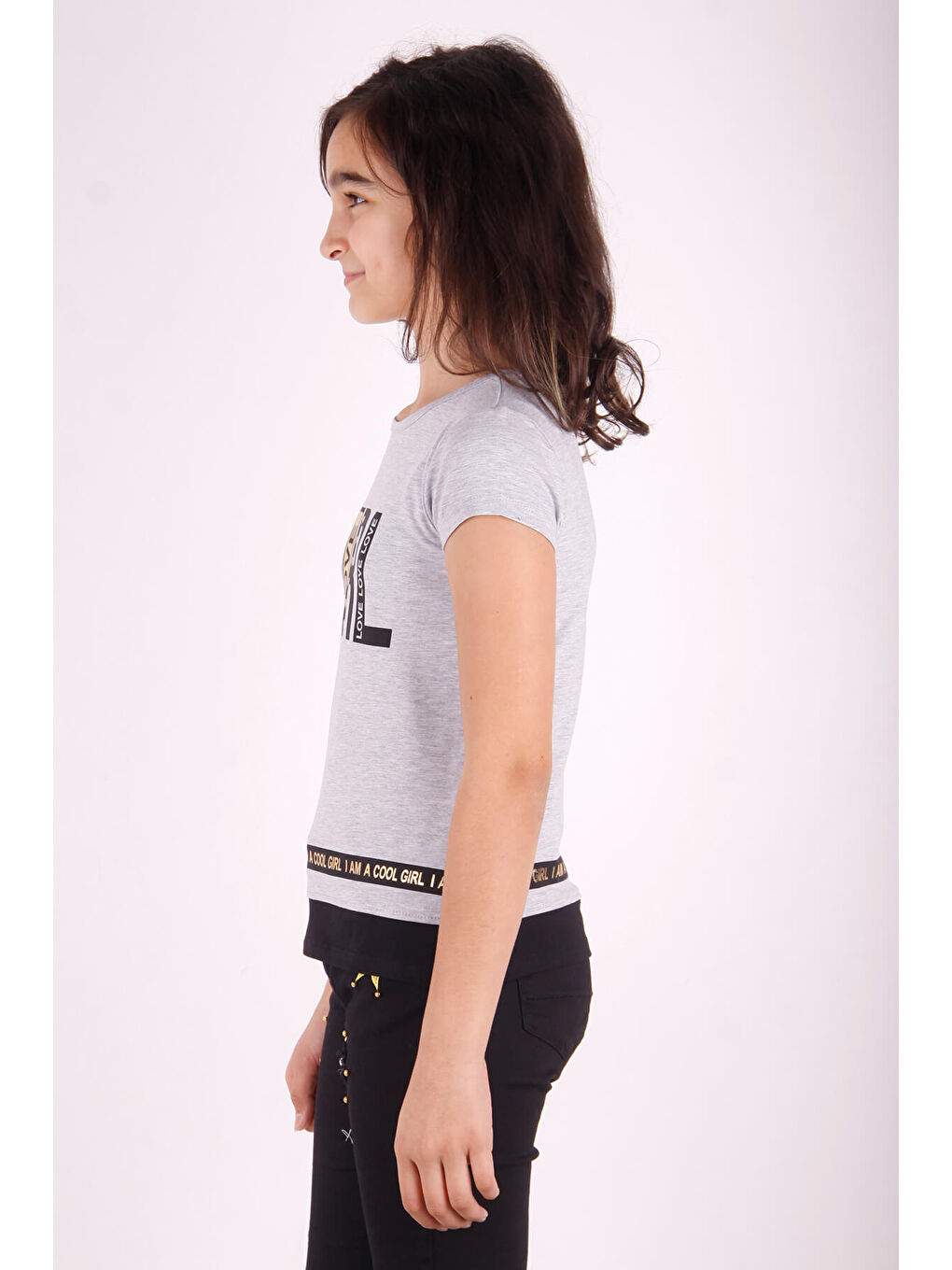 Gri Kız Çocuk Baskılı T-Shirt-1
