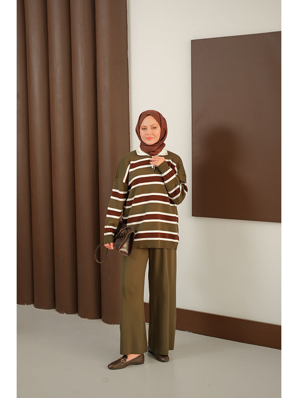 Kadın Çizgi Düğme Detay Takım Haki Yeşil-3