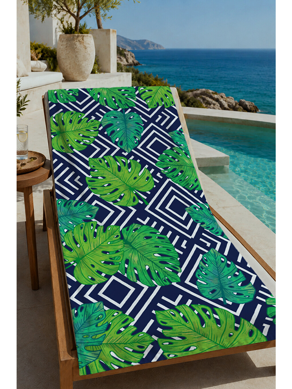 Lacivert Yeşil Geometrik Monstera Yaprak Desenli 70x150 Cm Dijital Baskılı Plaj Ve Banyo Havlusu
