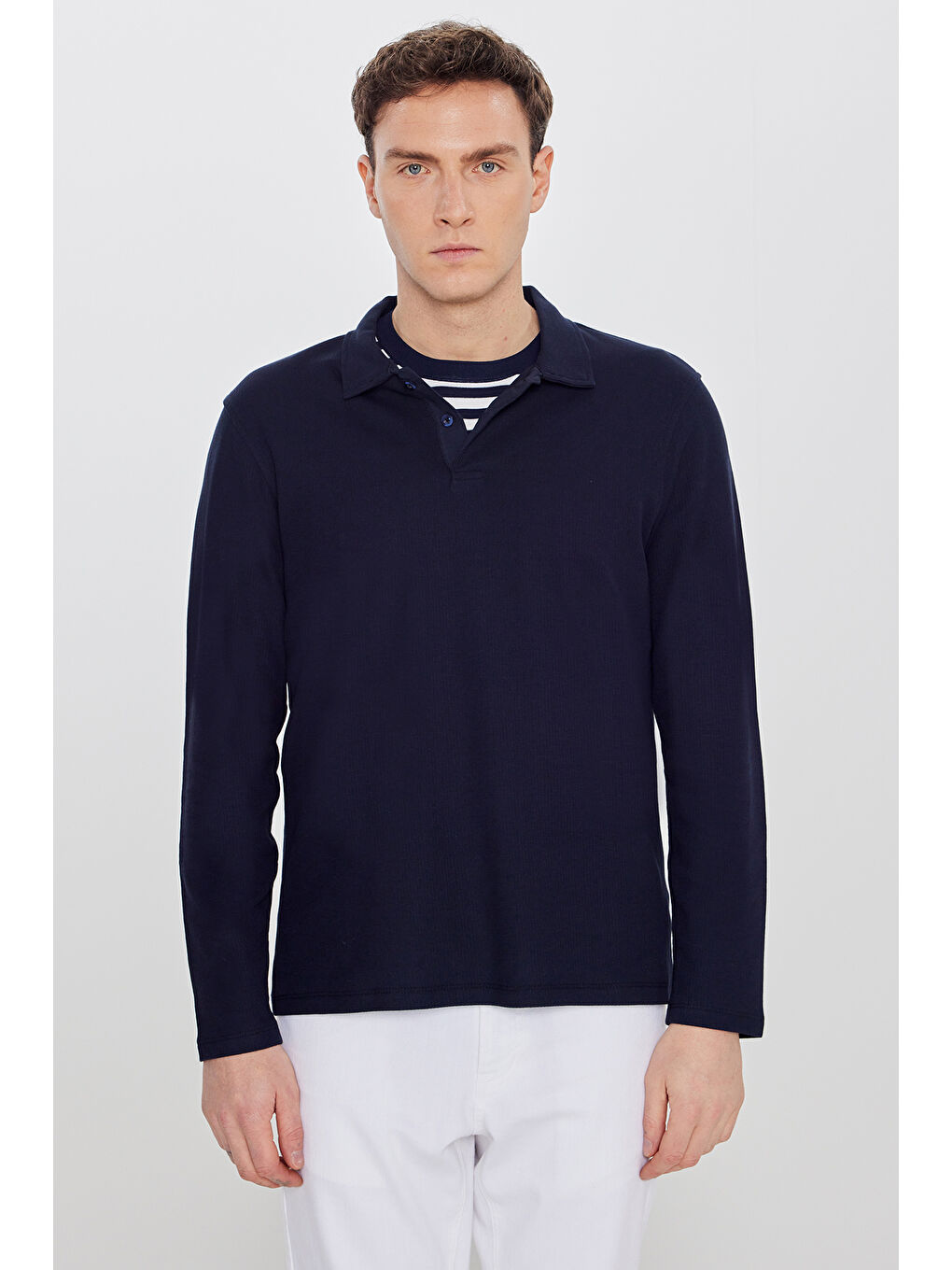 Erkek Lacivert %100 Pamuk Slim Fit Dar Kesim Polo Yaka Jakarlı Triko Tişört-4