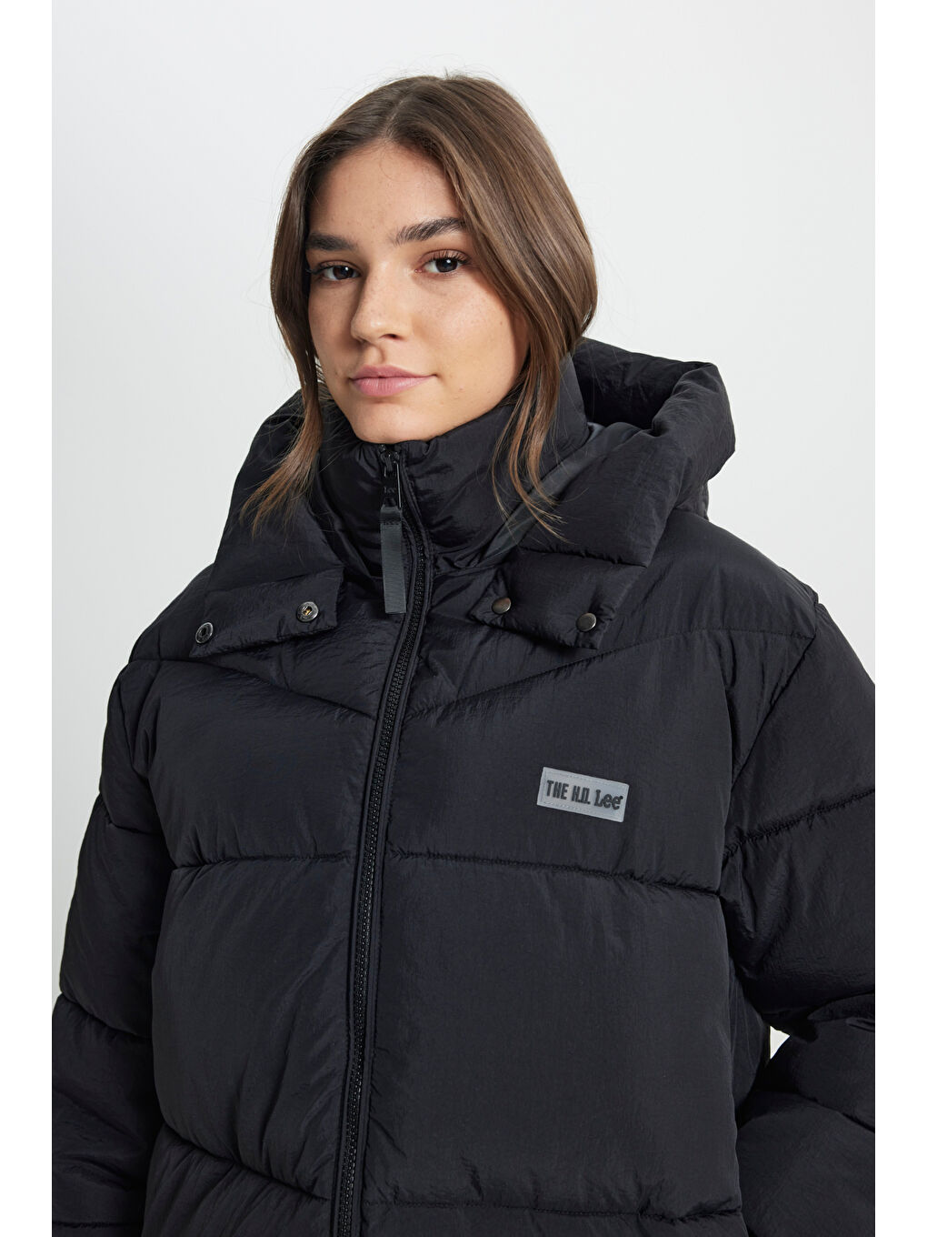 Loose Fit Rahat Kesim Kapüşonlu Uzun Siyah Şişme Mont-5