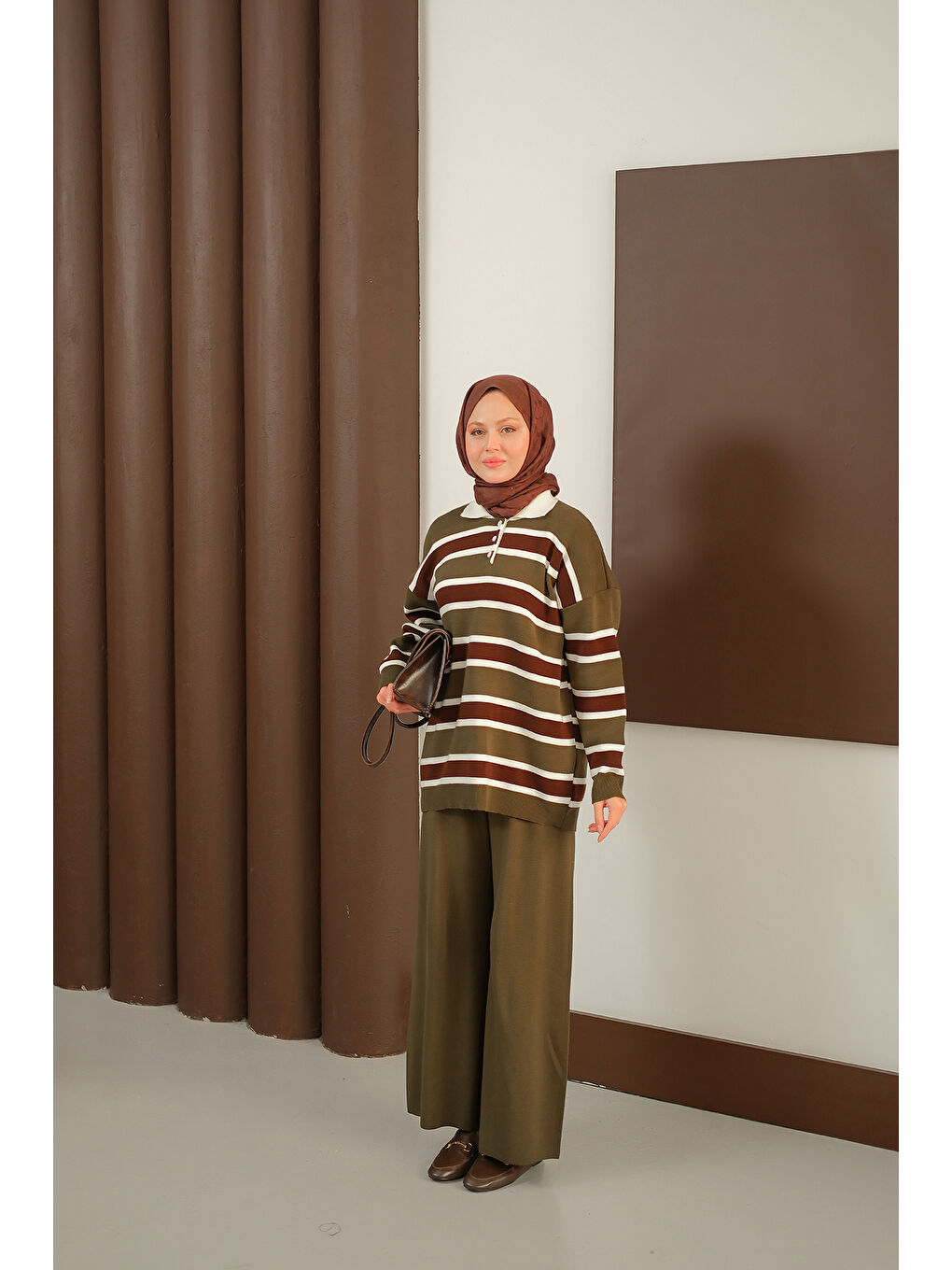 Kadın Çizgi Düğme Detay Takım Haki Yeşil-4