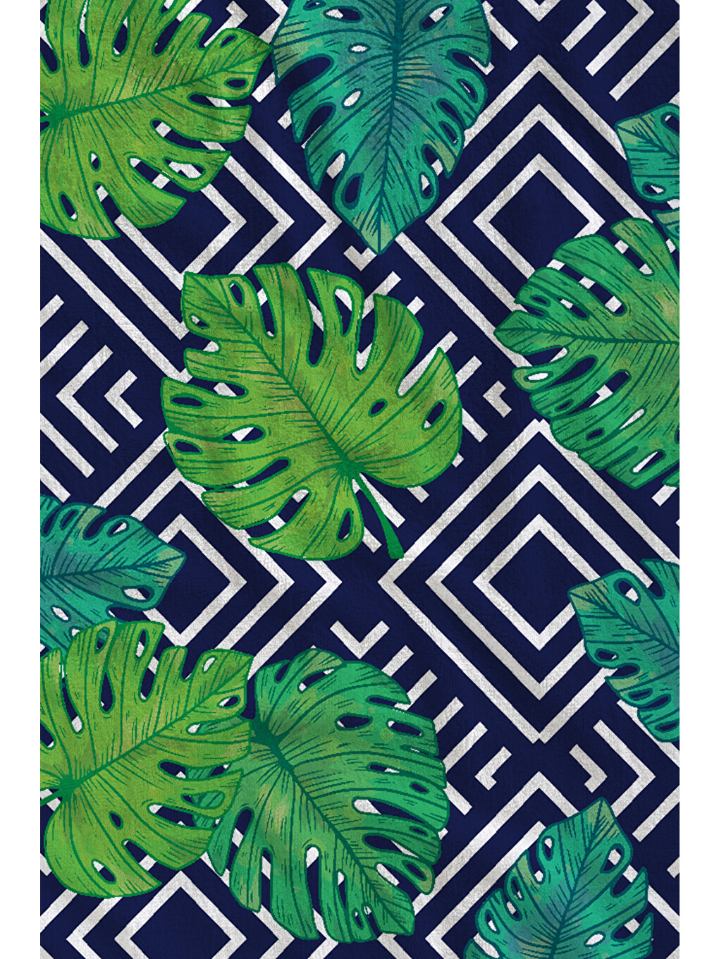 Lacivert Yeşil Geometrik Monstera Yaprak Desenli 70x150 Cm Dijital Baskılı Plaj Ve Banyo Havlusu-1