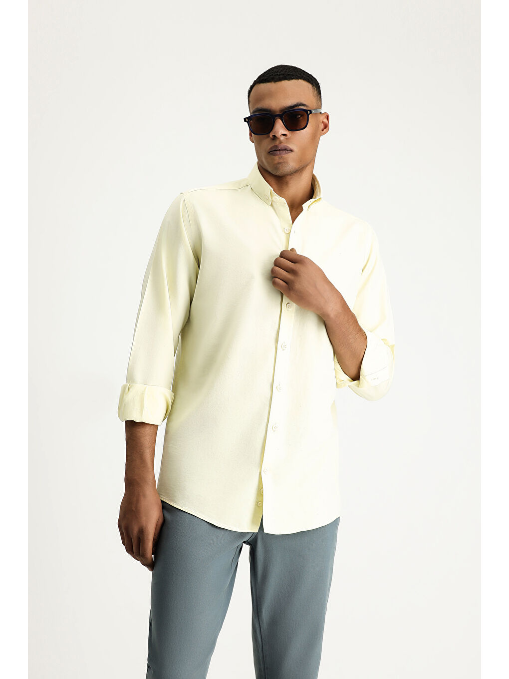 Sarı Uzun Kol Regular Fit Oxford Pamuk %100 Pamuk Gömlek-6