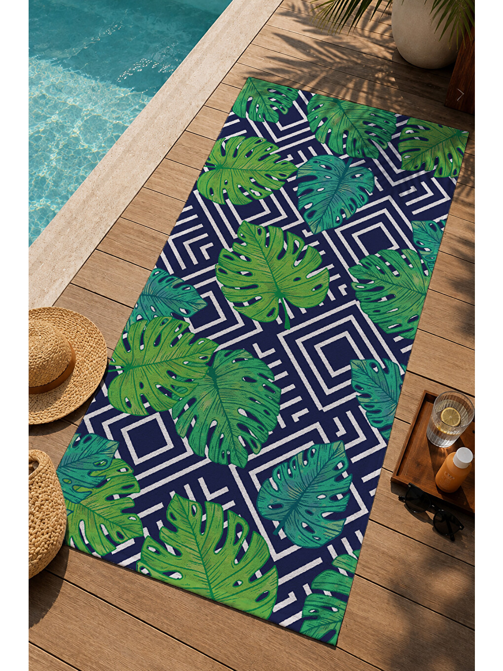 Lacivert Yeşil Geometrik Monstera Yaprak Desenli 70x150 Cm Dijital Baskılı Plaj Ve Banyo Havlusu-2
