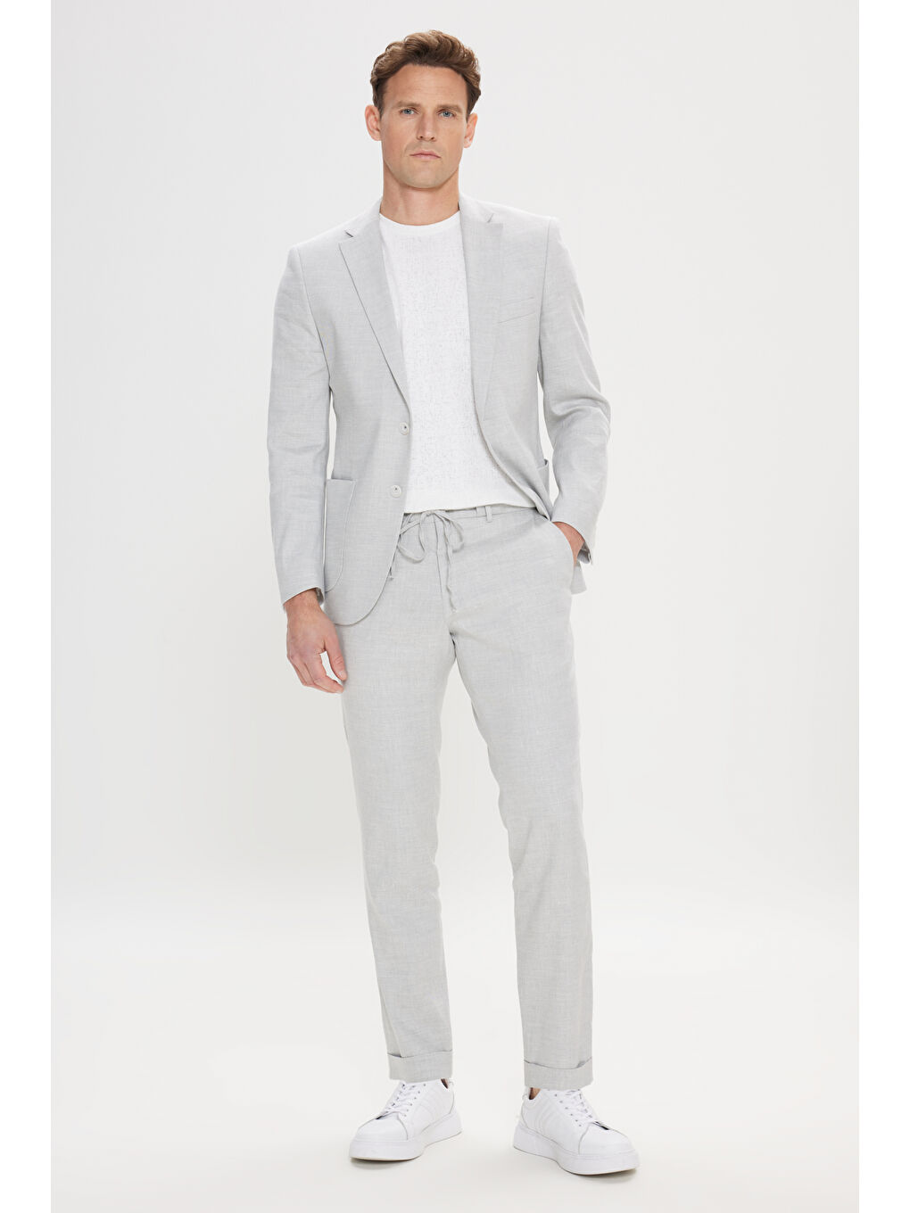 Erkek Açık Gri Slim Fit Dar Kesim Mono Yaka Desenli Keten Takım Elbise-3