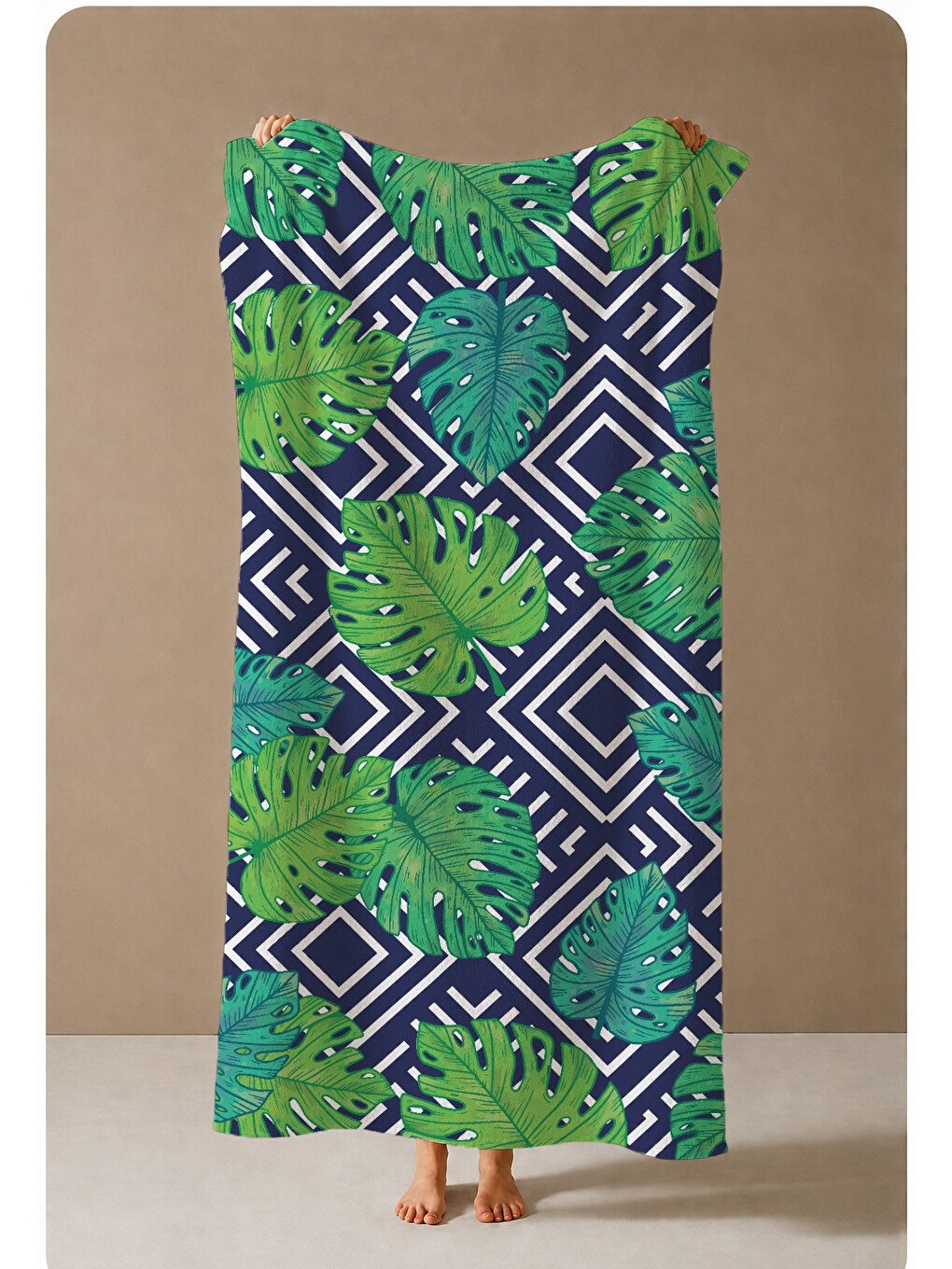 Lacivert Yeşil Geometrik Monstera Yaprak Desenli 70x150 Cm Dijital Baskılı Plaj Ve Banyo Havlusu-3