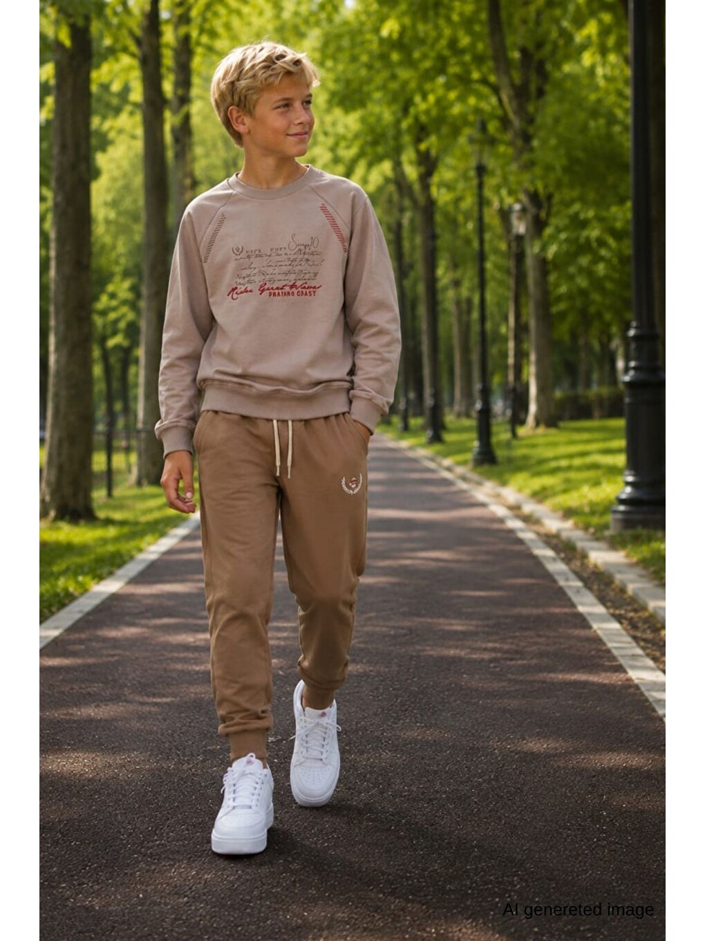 Bej Erkek Çocuk İki İplik Baskılı Beli Lastikli Eşofman Takımı Esf7029-4