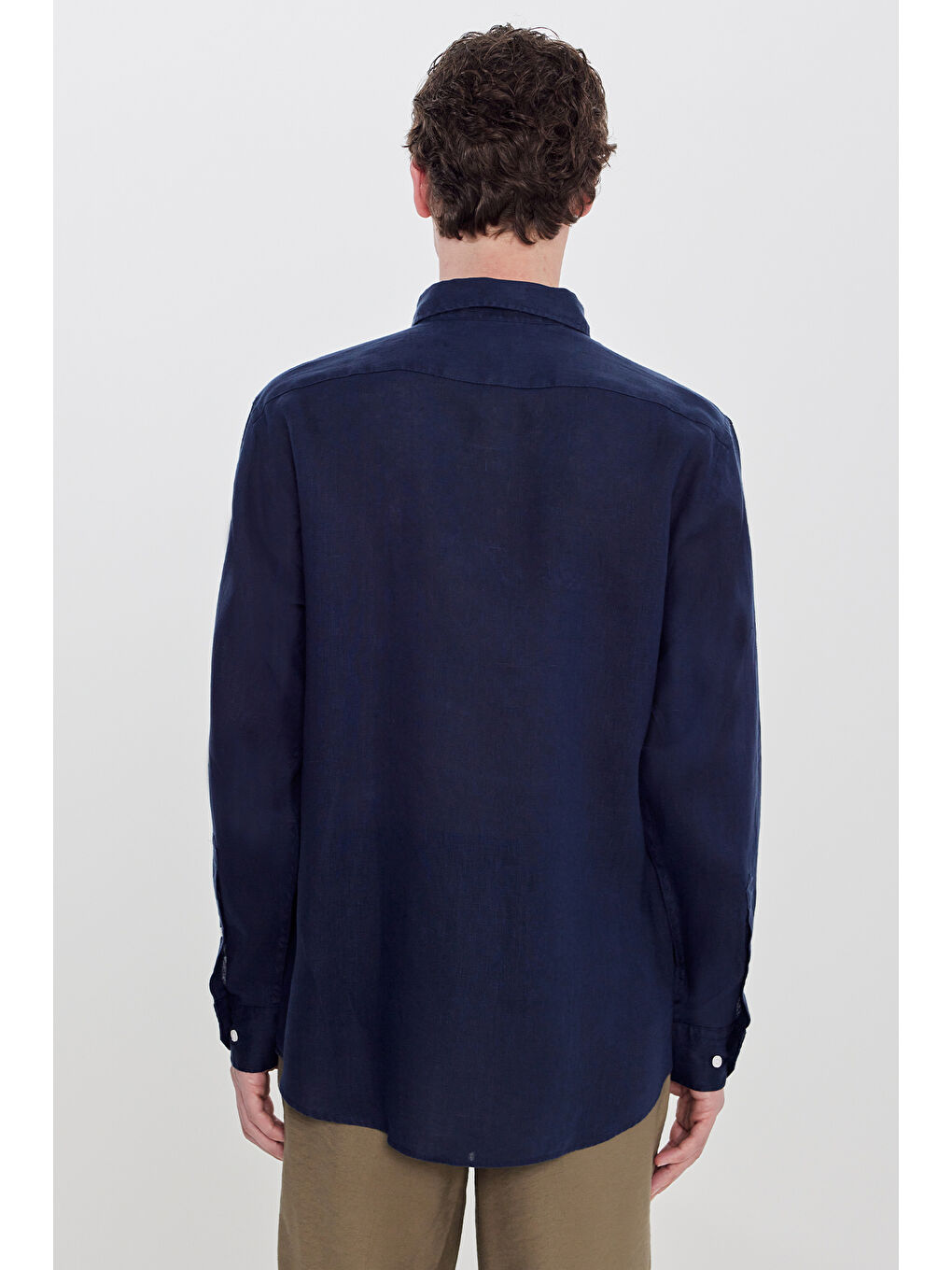 Erkek Lacivert %100 Keten Comfort Fit Rahat Kesim Düğmeli Yaka Gömlek-4